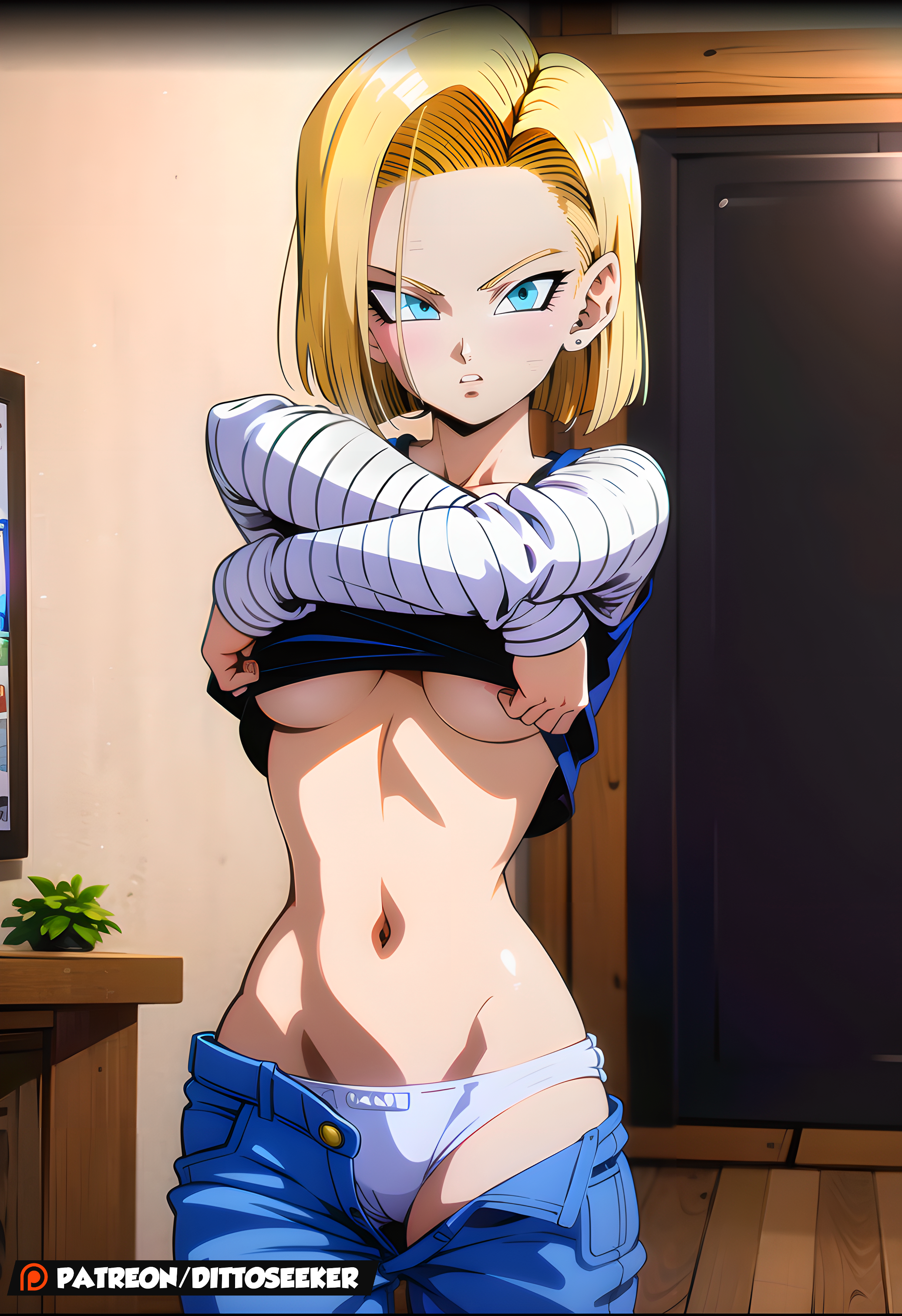 1girls, ai generated, android, android 18, dittoseeker, dragon ball, dragon ball super, dragon ball z, female, female only, panties, solo, undressing