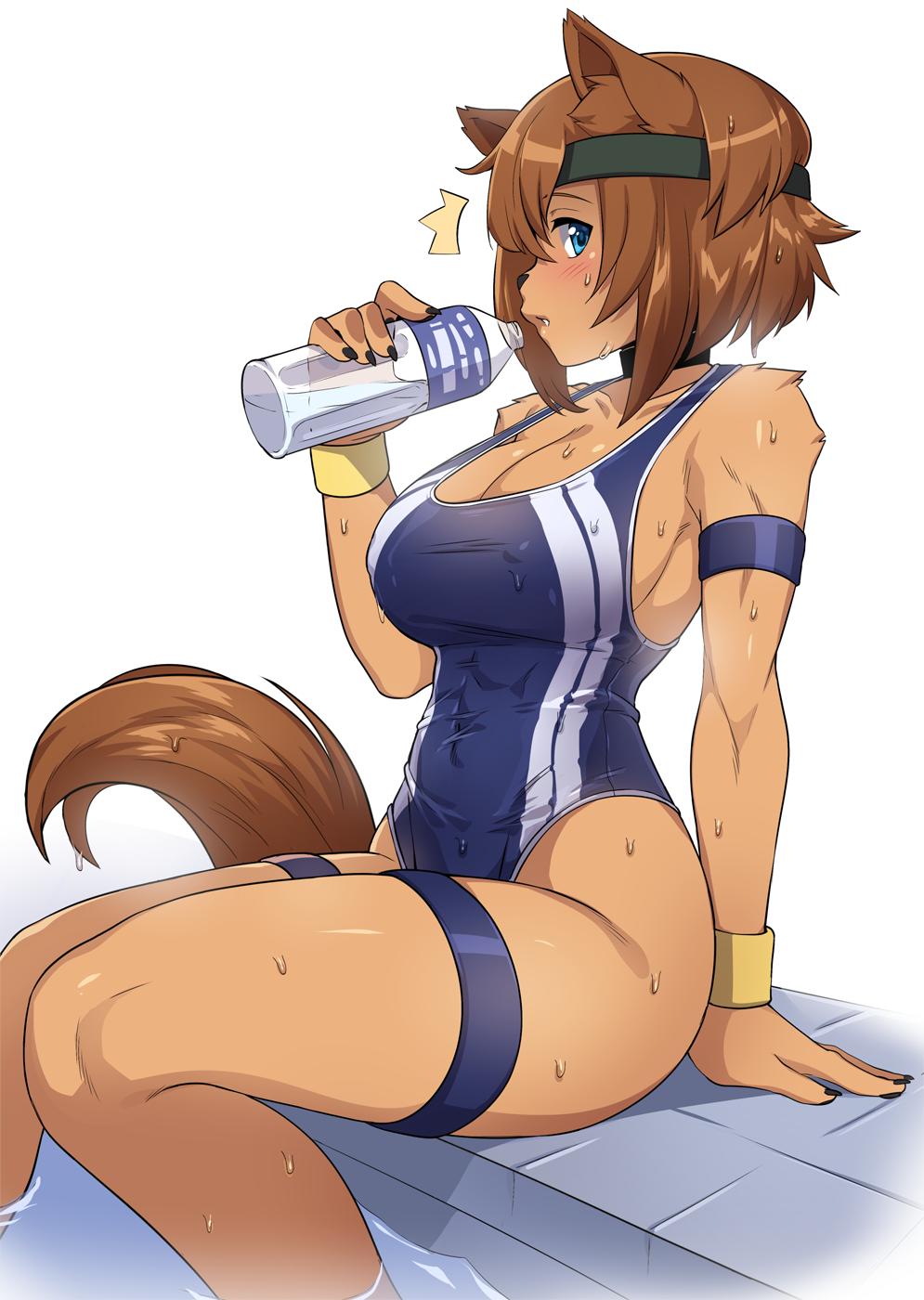 1girls, animal ears, animal tail, anthro, big breasts, breasts, female, female only, furry, iwbitu, large breasts, looking at viewer, monster girl, monster musume no iru nichijou, one-piece swimsuit, polt, polt (monster musume), solo, sweat, swimsuit