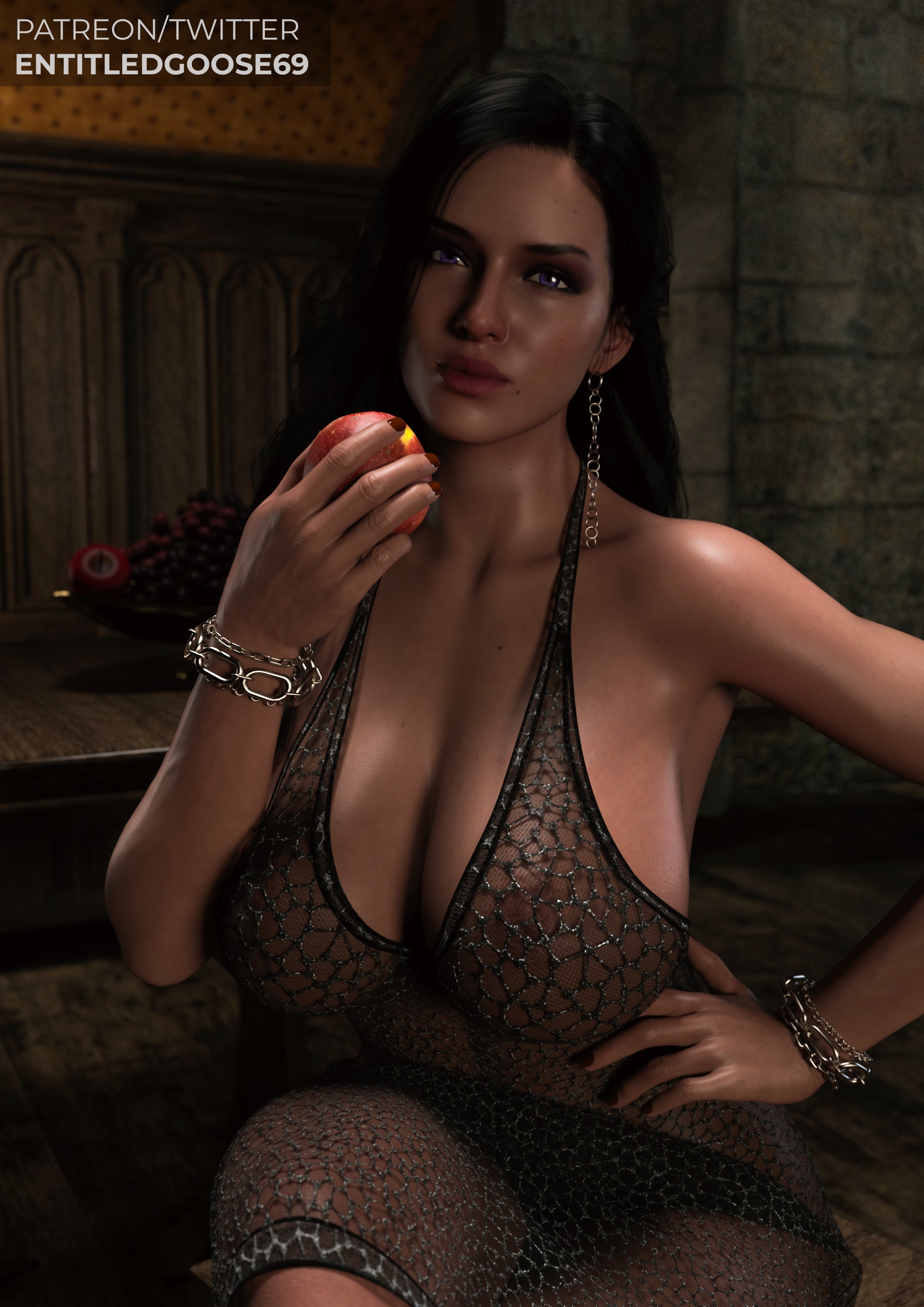 3d, big breasts, black hair, breasts, entitledgoose, female, light skin, light-skinned female, nipples, nipples visible through clothing, purple eyes, solo, the witcher (series), the witcher 3: wild hunt, yennefer