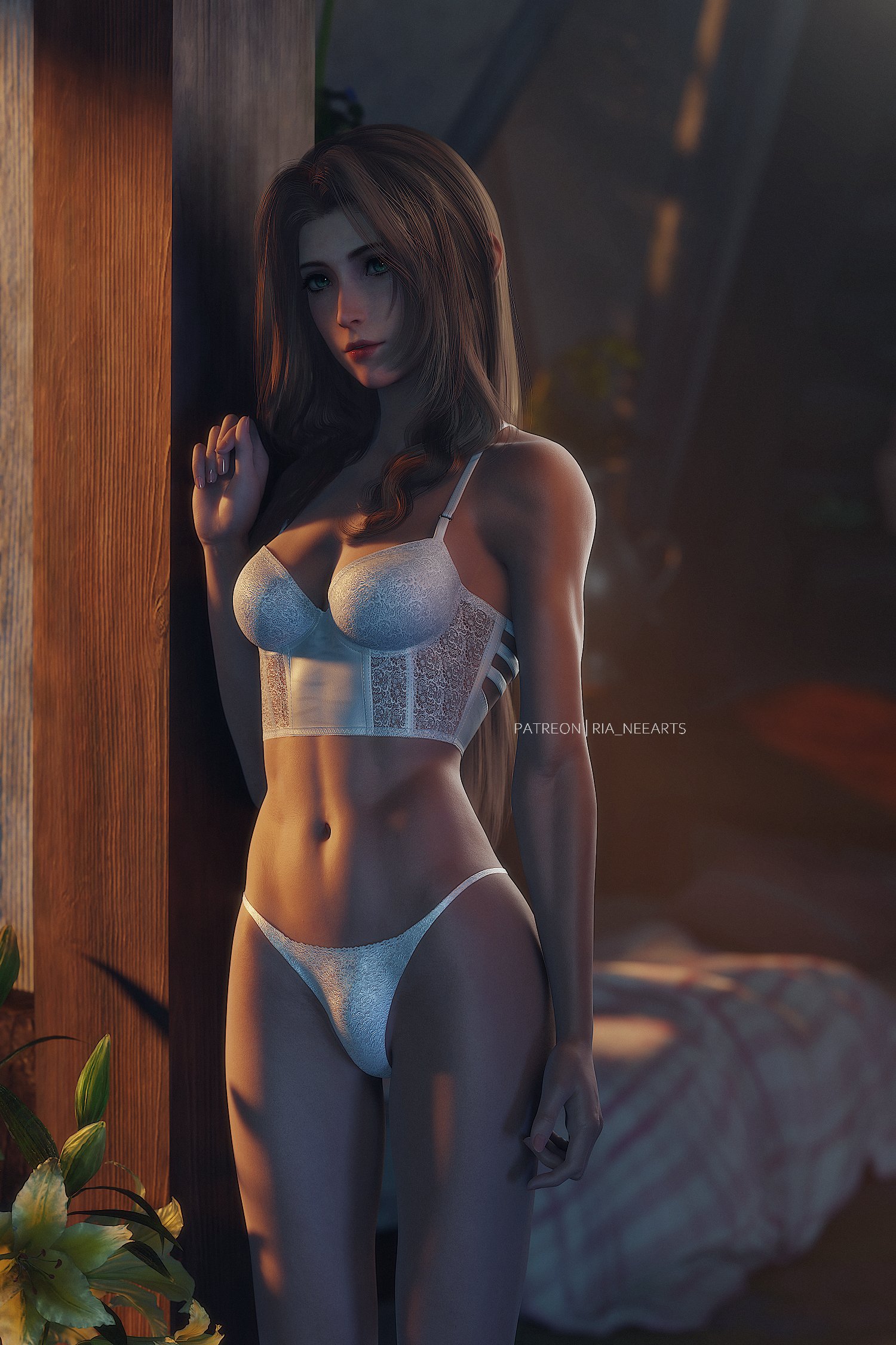 1girls, 3d, aerith gainsborough, bra, brown hair, female, female only, final fantasy, final fantasy vii, final fantasy vii remake, green eyes, panties, ria-neearts, solo, square enix, underwear