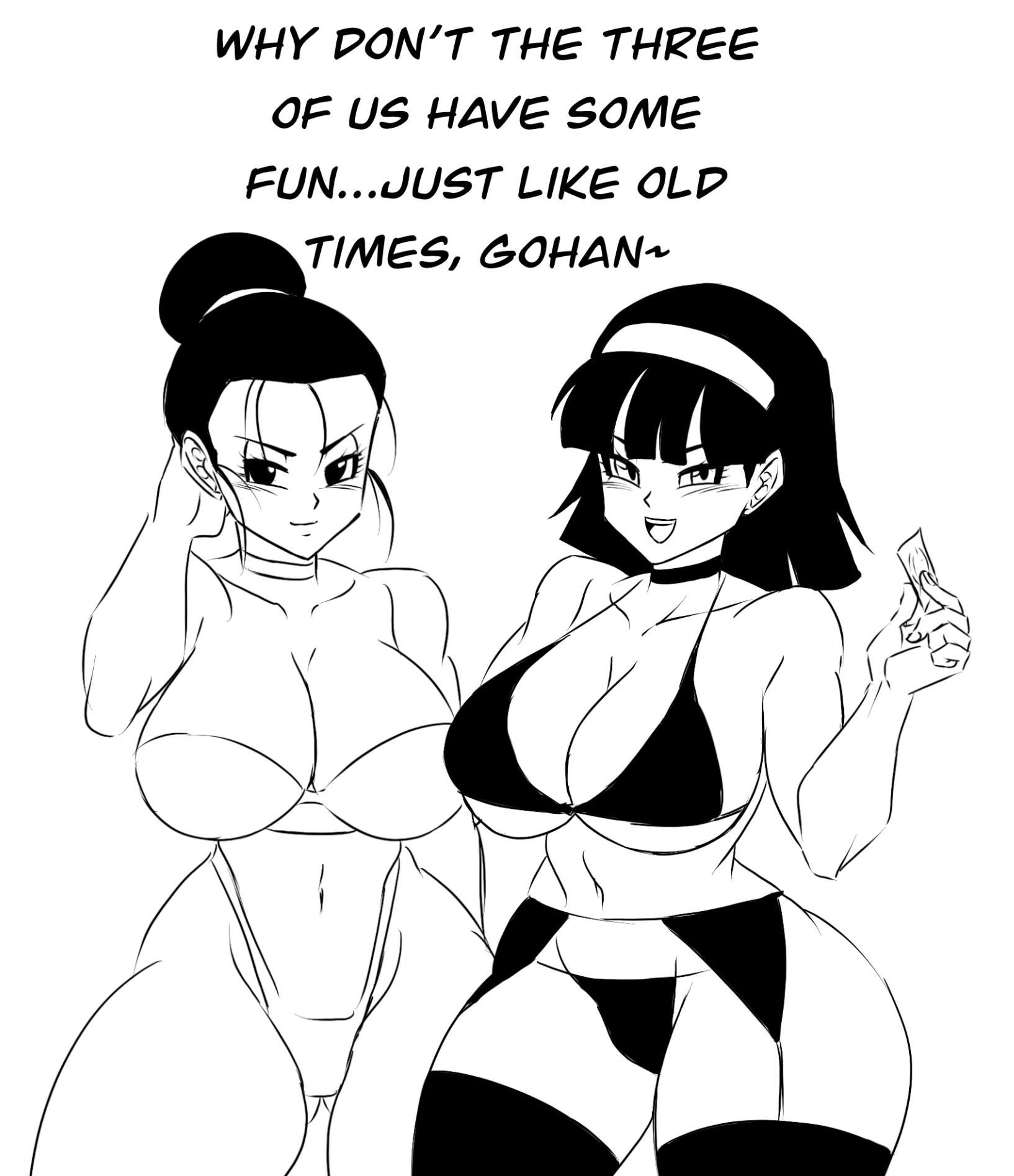 2023, 2girls, 2milfs, big breasts, black eyes, black hair, bra, breasts, cheating, cheating female, cheating wife, chichi, cleavage, condom, condom wrapper, darwaarts, dialogue, dragon ball, dragon ball super, english text, female, female only, hair bun, hairband, holding, holding condom, holding object, huge breasts, imminent incest, imminent sex, implied incest, in-lawcest, incest, large breasts, lingerie, looking at viewer, milf, mother, mother-in-law and daughter-in-law, multiple girls, open mouth, short hair, smile, son gohan, standing, suggestive, text, videl, videl (dragon ball super)
