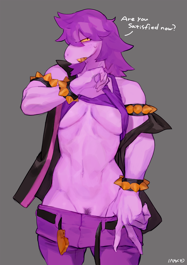 1girls, abs, anthro, areola, bebebebebe, belly, big breasts, big hands, black eyes, breasts, clothes, deltarune, female, female only, flashing, freckles, midriff, muscular, muscular female, navel, pubic hair, purple skin, scalie, shirt, shirt lift, solo, standing, susie (deltarune), sweat, teeth, text, thick thighs, underboob, undressing, v, watermark, wide hips, yellow sclera