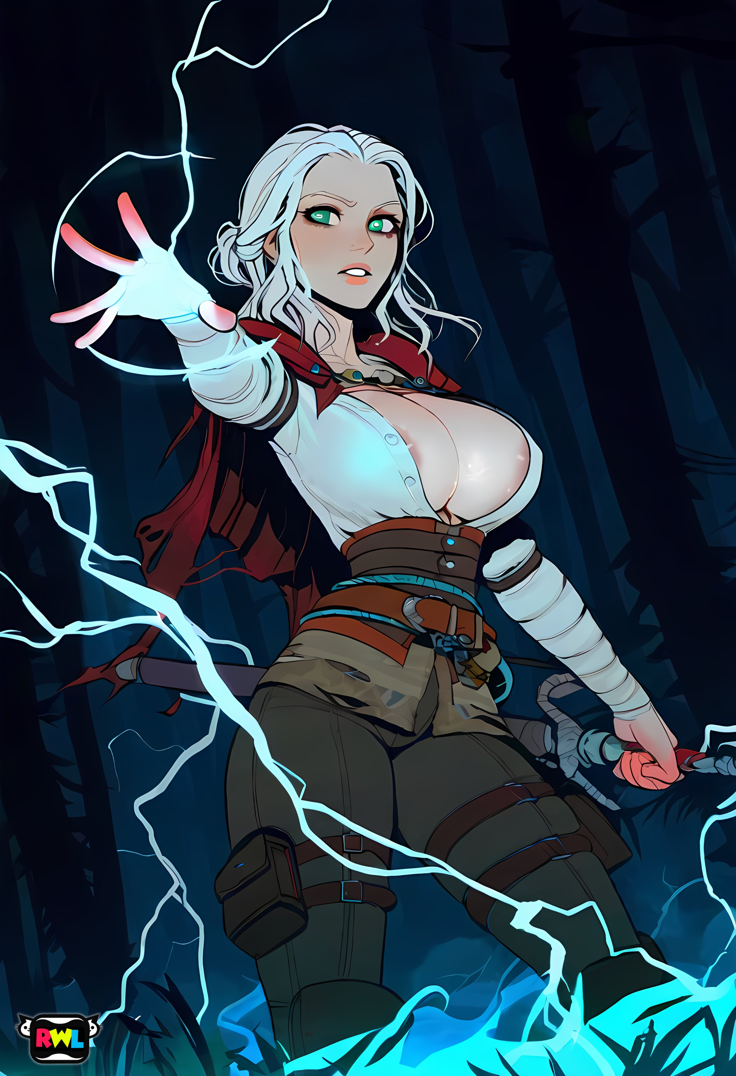 ai generated, breasts, ciri, clothing, female, green eyes, light skin, light-skinned female, magic, nipples, outdoors, rwl, solo, sword, the witcher (series), the witcher 3: wild hunt, white hair