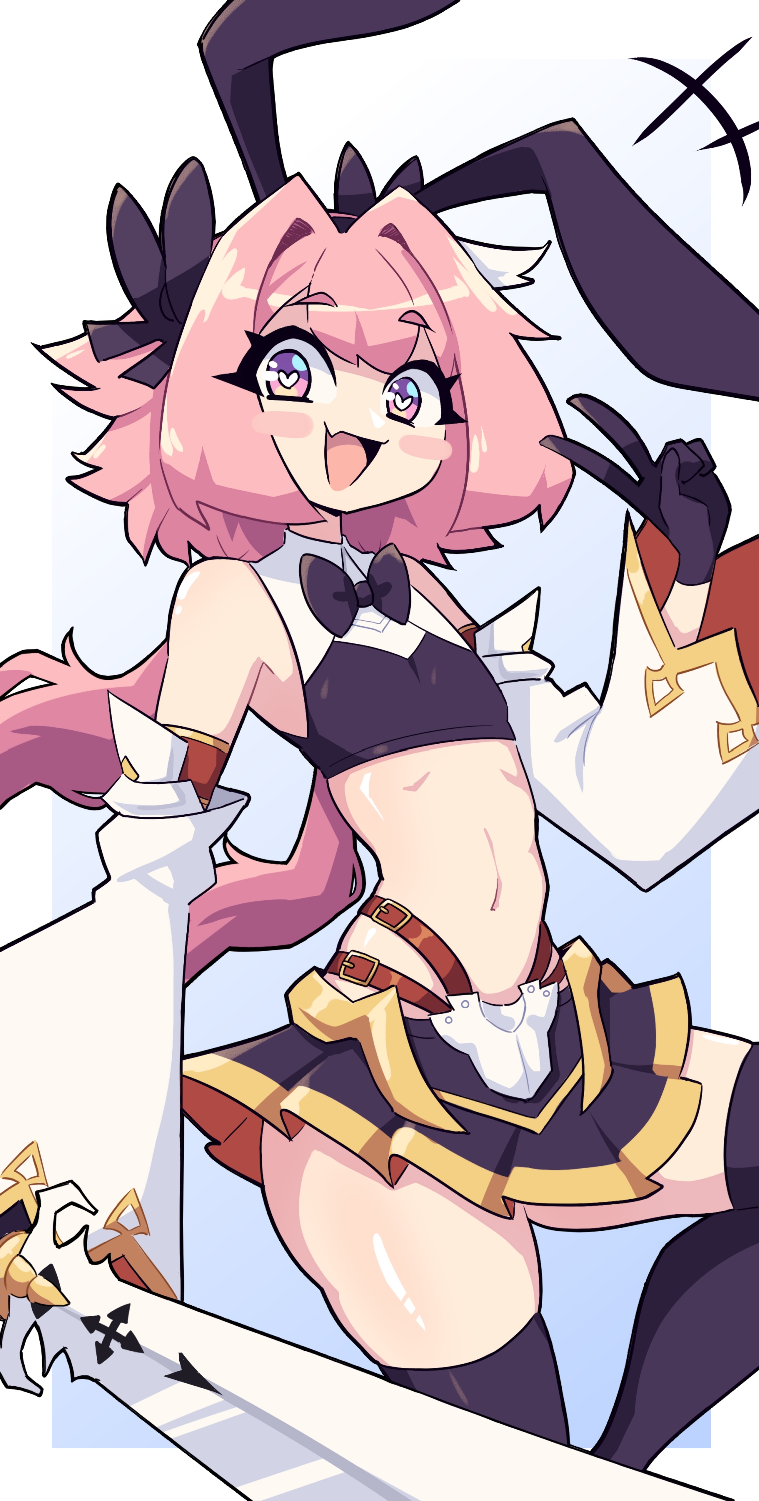 1boy, 2023, astolfo (fate), black thighhighs, bunny ears, cheek spots, fate (series), fate/apocrypha, fate/grand order, femboy, girly, gloves, hair ribbon, heart-shaped pupils, hi res, j5daigada, long hair, looking at viewer, male, male only, neck ribbon, pink hair, purple eyes, smiling, smiling at viewer, solo, sword, thighhighs, v sign