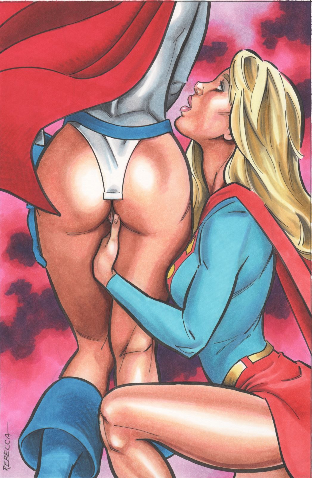 2girls ass_focus dc dc_comics female female_only kara_danvers kara_zor-el kara_zor-l karen_starr looking_up multiple_girls power_girl rebecca_(artist) supergirl superman_(series) vagina yuri