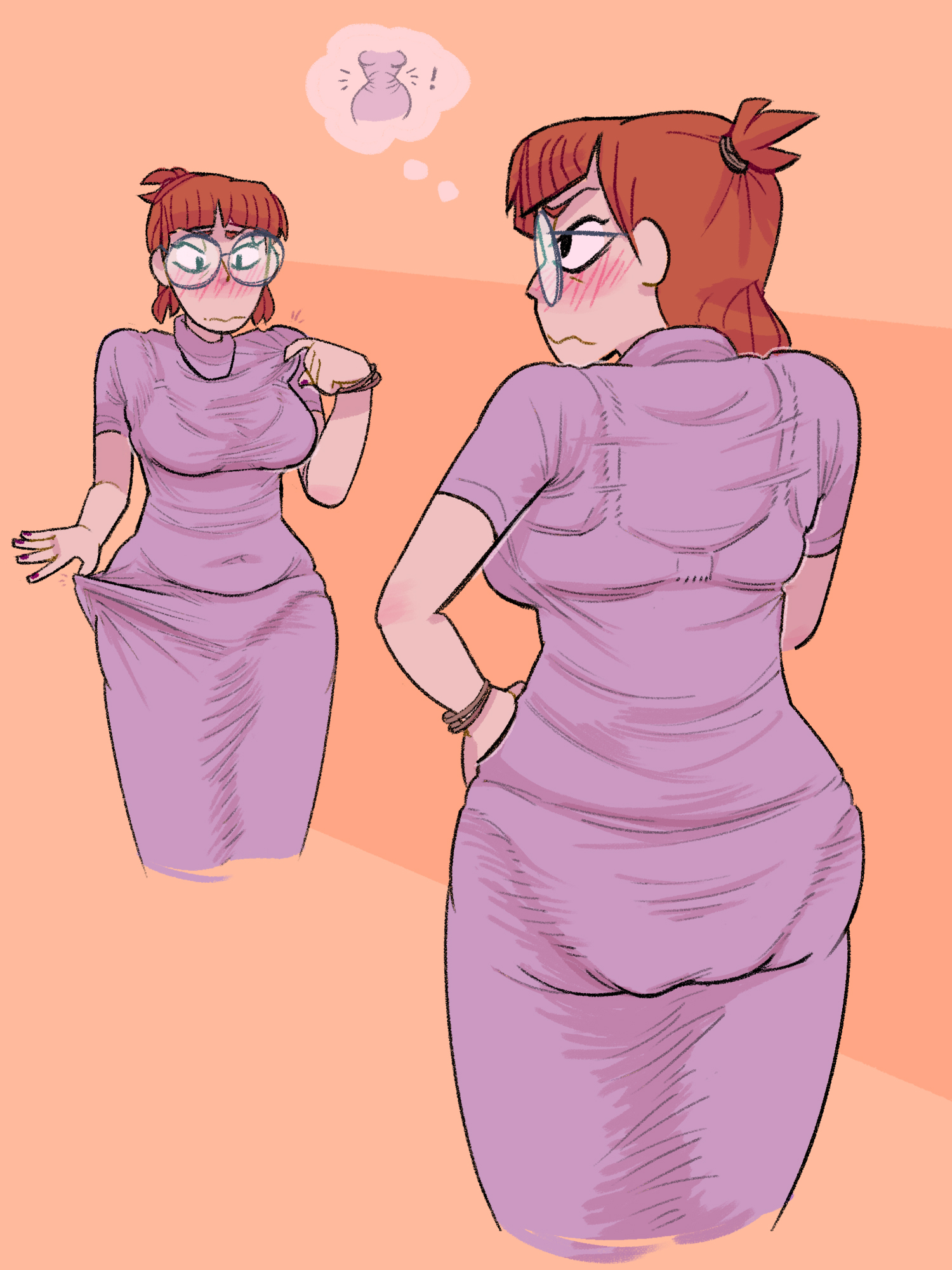 1girls, ass, belly, big ass, blueregardtwo, blush, bra, bracelet, brown hair, cleavage, dress, female, glasses, large ass, navel, nervous expression, ponytail, thought bubble, tight clothing, turtleneck, underwear