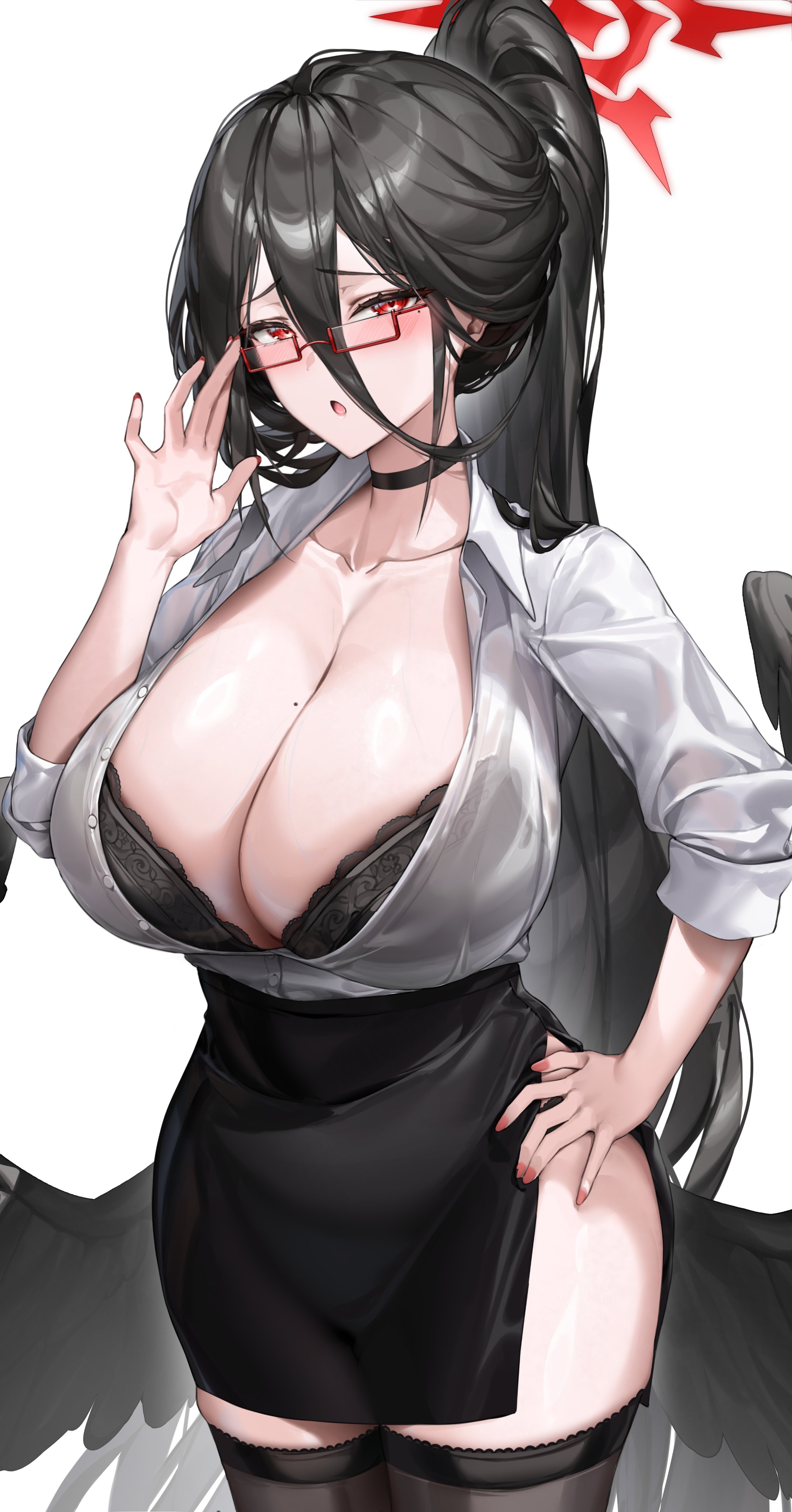:o, 1girls, alternate costume, beauty mark on breasts, black bra, blue archive, blush, bra, breasts, choker, female, gigantic breasts, glasses, halo, hand on hip, hasumi (blue archive), huge breasts, justice task force (blue archive), legwear, looking at viewer, nail polish, one arm up, painted nails, ponytail, samart, thick thighs, trinity general school student, veiny breasts, wide hips, worried, worried look