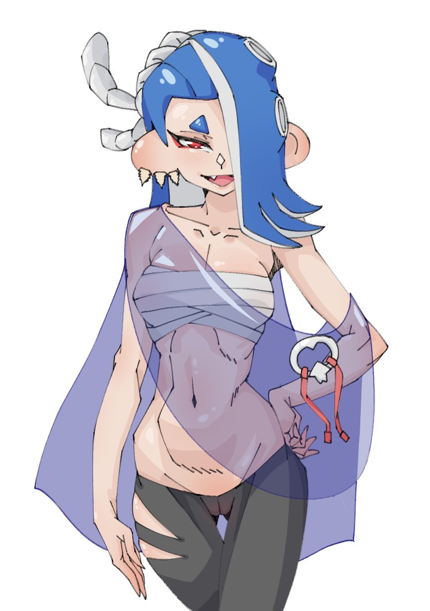 1girls 2023 anthro bedroom_eyes blue_hair cephalopod cephalopod_humanoid cleavage cute_fang earings exposed_stomach fangs female female_only hair_over_one_eye hand_on_hip headband hi_res highres light-skinned_female long_hair looking_at_viewer medium_breasts octoling octoling_girl pohuai_haidan_boom_(artist) pussy_through_clothing red_eyes ripped_pants sarashi shawl shiver_(splatoon) shiver_hohojiro smiling smiling_at_viewer splatoon splatoon_(series) splatoon_3 thick_thighs