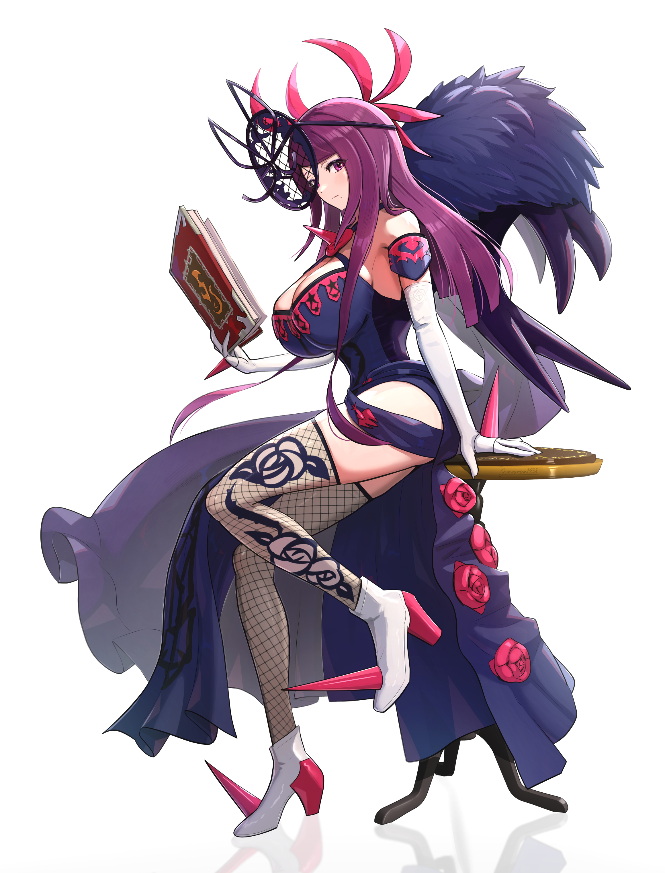 1girls, absurdres, blue dress, book, breasts, cleavage, commentary request, detached sleeves, dress, elbow gloves, female, female only, fire emblem, fire emblem engage, fishnet thighhighs, fishnets, gloves, gonzarez, high heels, highres, holding, holding book, ivy (fire emblem), large breasts, long hair, nintendo, purple eyes, purple hair, reflection, short sleeves, simple background, sitting, sleeveless, sleeveless dress, solo, table, thighhighs, thighs, very long hair, white background, white footwear, white gloves