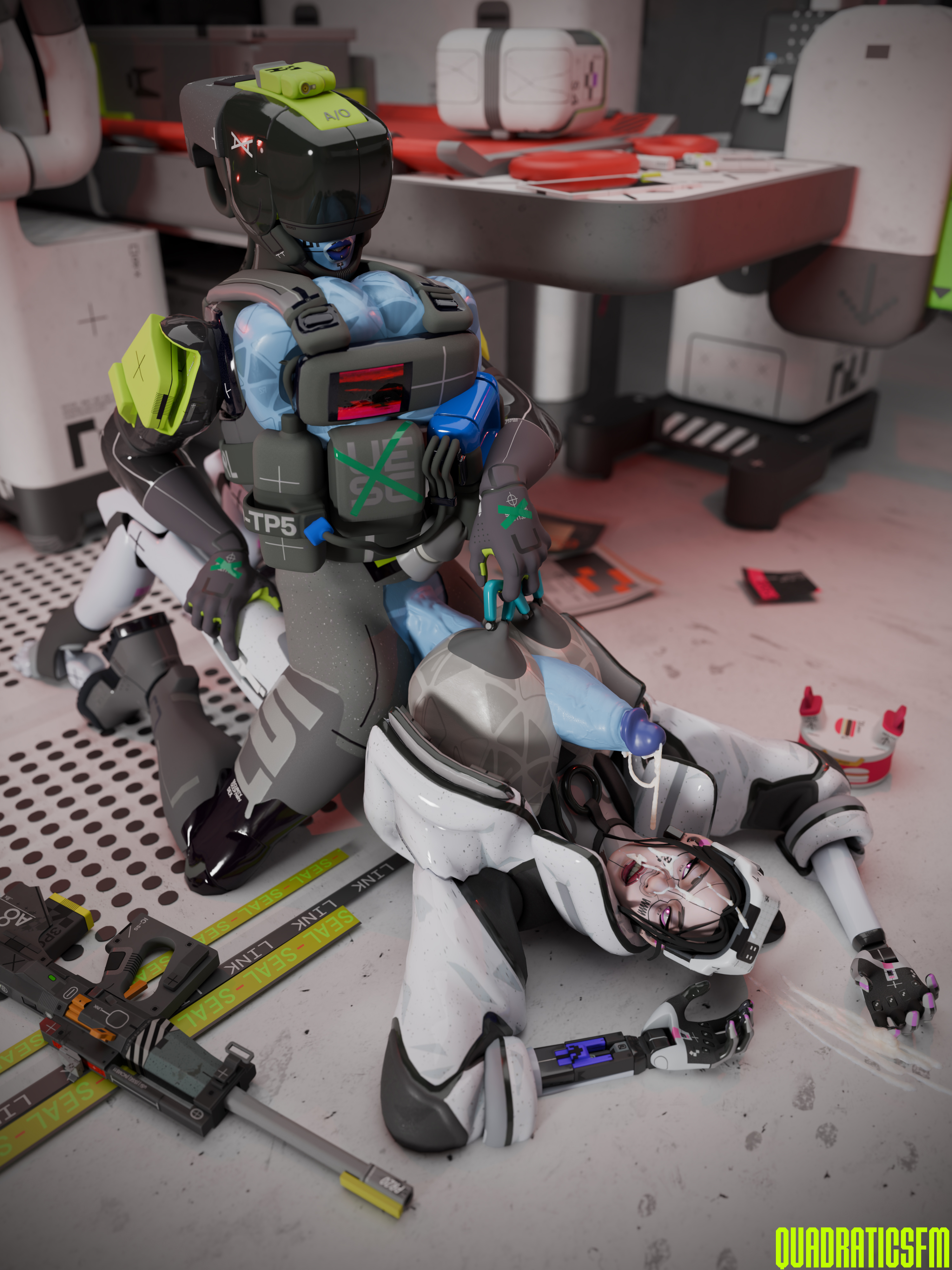 1futa, 1girl1futa, 1girls, 3d, blackbird (marathon), blue breasts, blue penis, blue skin, boobjob, breasts bursting out, bungie, bursting breasts, cleavage, covered eyes, cum, cum on face, cumming, dubious consent, eyes covered, forced paizuri, futa on female, futanari, leaning, leaning against wall, marathon (bungie), masturbation, nipple piercing, obscured eyes, paizuri, quadraticsfm, recon (marathon), self upload, tagme, thief (marathon), titjob
