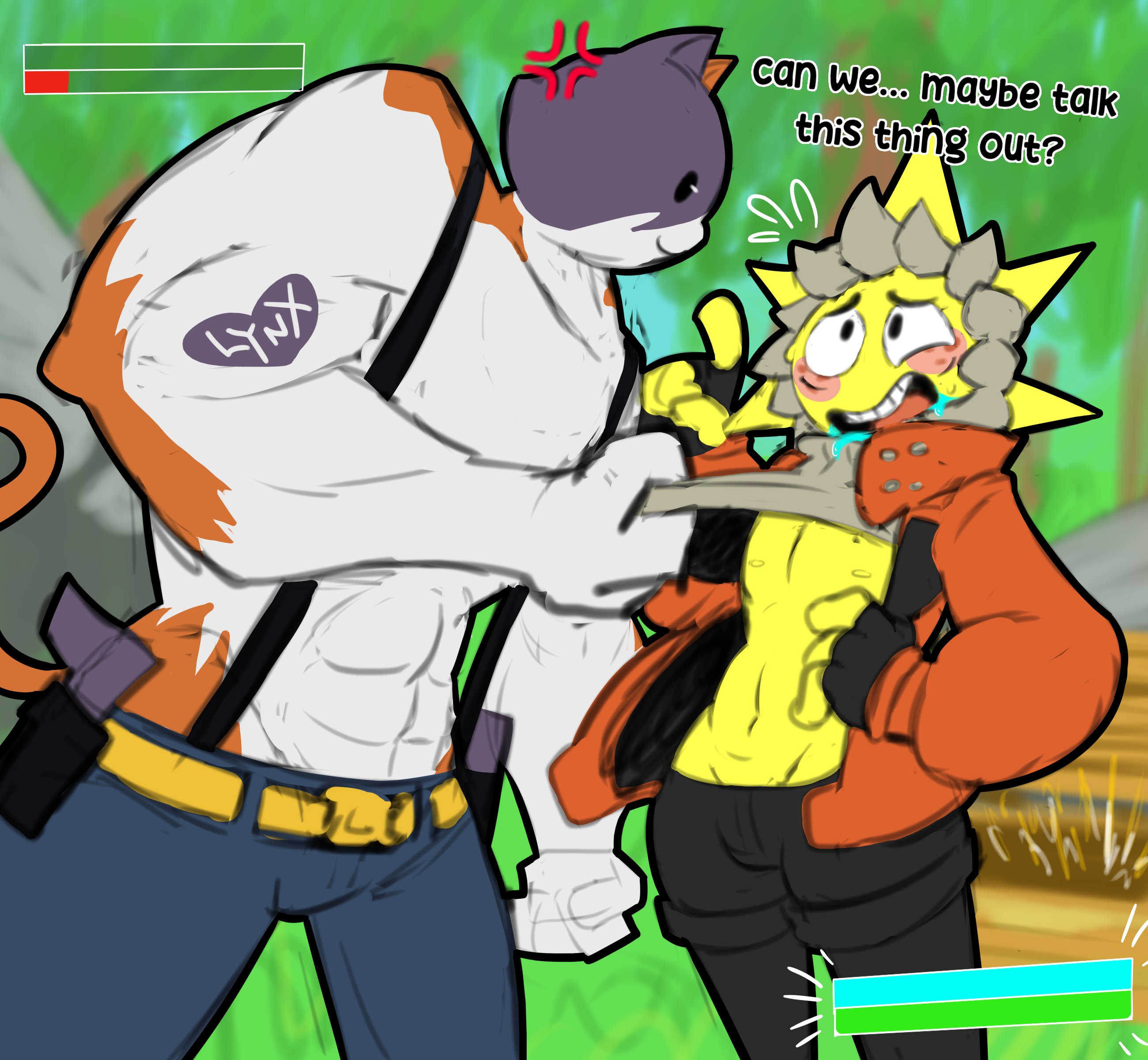 algob4v, clothed, clothing, exposed nipples, femboy, fortnite, game ui, male, male focus, male only, meowscles (fortnite), pulling clothing, sunspot (fortnite), tagme, tattoo