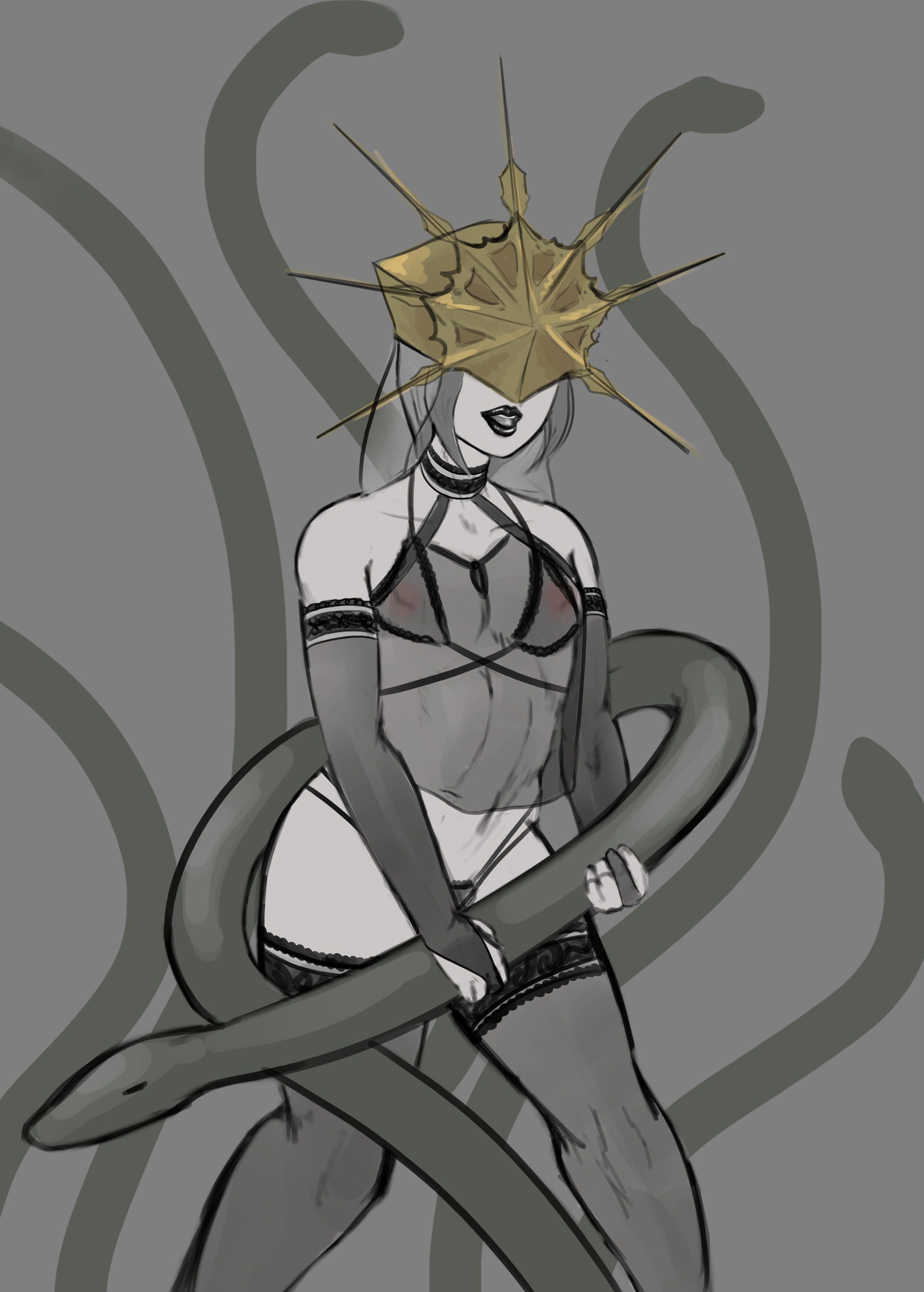 1boy, 2019, areolae, axred7, bare shoulders, black lips, black lipstick, crossdressing, dark souls, dark sun gwyndoli, femboy, fromsoftware, garter belt, girly, goth, grey hair, limited palette, lingerie, lipstick, male, male nipples, male only, nipples, pale skin, snake, solo, stockings, thighhighs, thong, trap