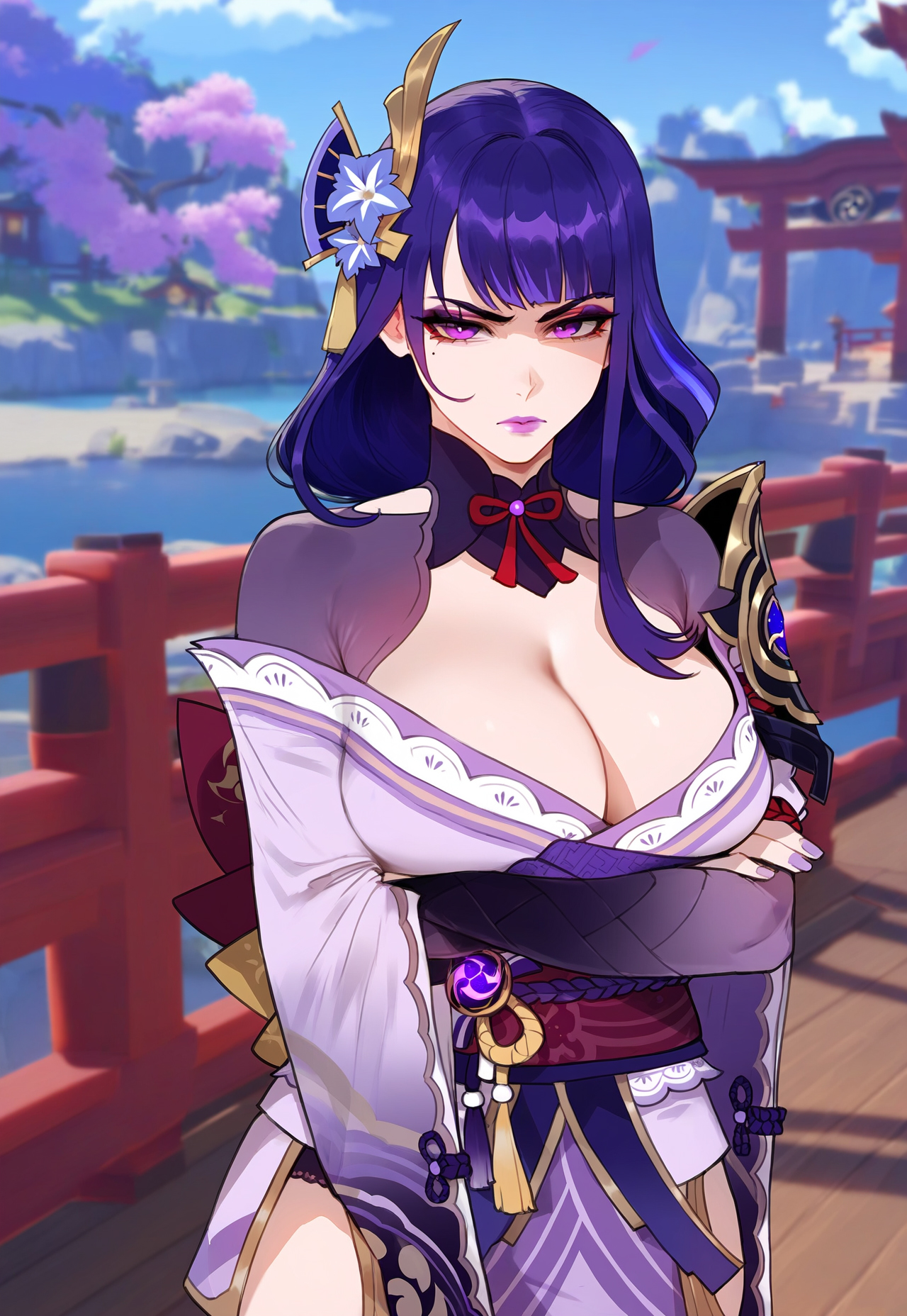 1girls, ai generated, annoyed, clothed, female, female only, floox, genshin impact, purple eyes, purple hair, raiden shogun