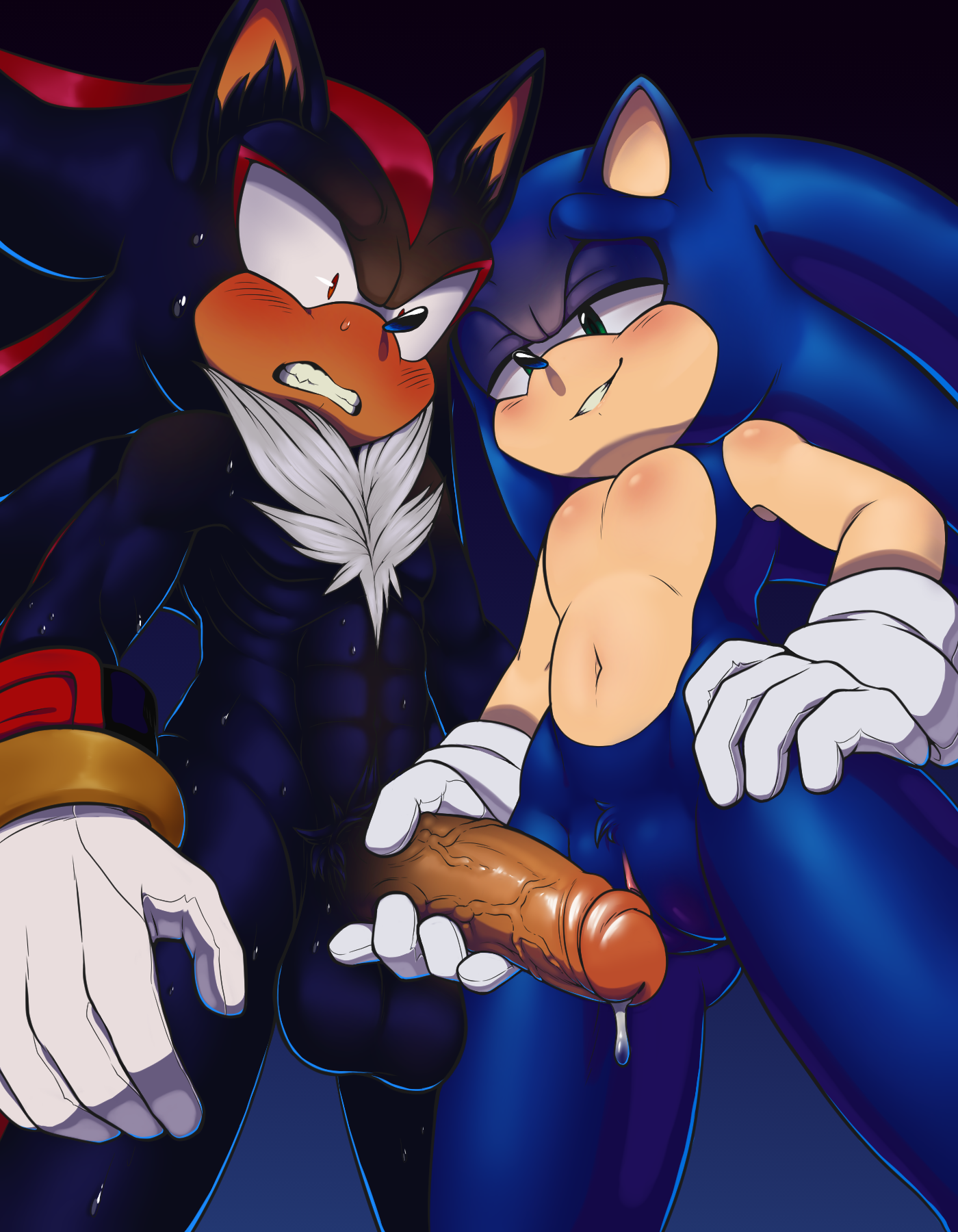 2019, 2boys, anthro, balls, big penis, black fur, blue fur, chest tuft, clothing, crossgender, cuntboy, cuntboy/male, duo, erection, eulipotyphlan, footwear, fur, genderswap, gloves, green eyes, handjob, handwear, hedgehog, hi res, humanoid genitalia, humanoid penis, intersex, intersex/male, male, mammal, mostly nude, muscular, muscular male, navel, nowykowski7, nude, penis, precum, pussy, red fur, rule 63, seductive, sega, shadow the hedgehog, smile, smirk, sonadow, sonic (series), sonic the hedgehog, sonic the hedgehog (series), surprise, tan fur, testicles, tuft, vein, veiny penis, white fur