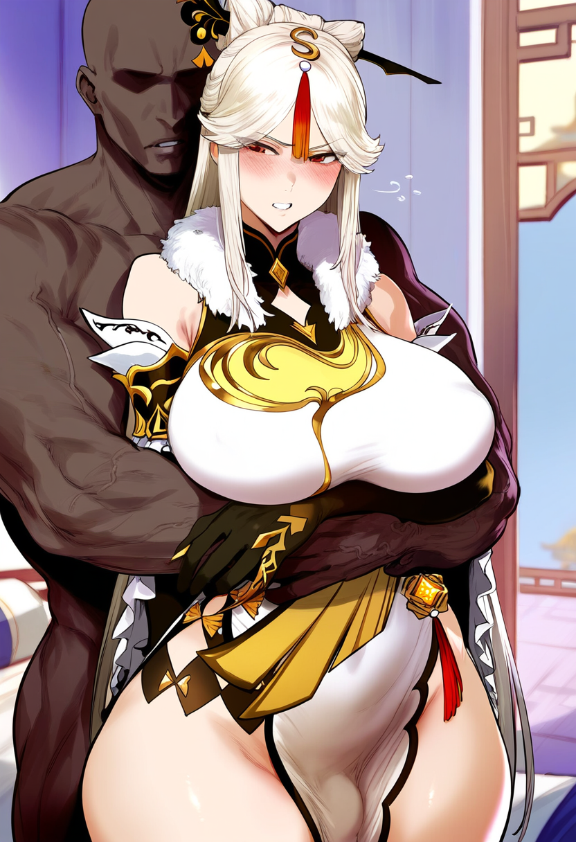 1boy, ai generated, clothed, dark skin, dark-skinned male, female, genshin impact, groping, male, ningguang (genshin impact), red eyes, thick thighs, tomato cake, white hair