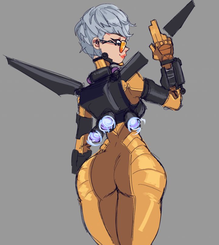 apex_legends ass ass_focus ass_up breasts bubble_ass bubble_butt jumpsuit looking_at_another looking_at_viewer looking_back orange-tinted_eyewear simple_background sunglasses thick thick_ass thick_hips thick_legs thick_thighs tight_clothes tight_clothing tinted_eyewear valkyrie_(apex_legends)