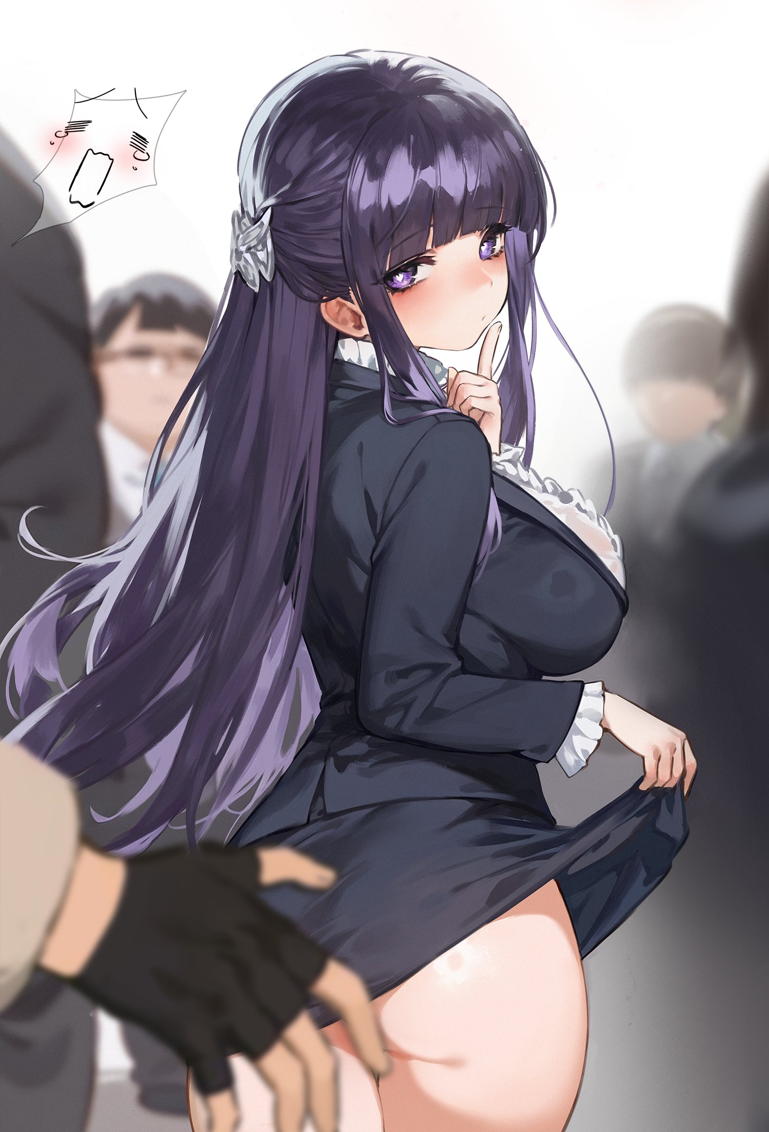 1girls, ass, breasts, female, female focus, fern (sousou no frieren), high resolution, large breasts, male, multiple boys, multiple males, purple eyes, purple hair, skirt, skirt lift, sousou no frieren, stark (sousou no frieren), thighs, very high resolution
