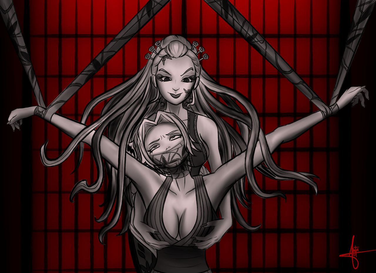2girls, artist request, big breasts, bondage, breasts, breasts focus, captured heroine, daki (kimetsu no yaiba), defeated, defeated heroine, demon, demon girl, demon slayer, eyes rolling back, female, female focus, female only, femdom, femsub, forced submission, forced yuri, grabbing, grabbing breasts, grabbing from behind, groping, groping breasts, groping from behind, kimetsu no yaiba, large breasts, leash, lesbian, lesbian domination, makio (kimetsu no yaiba), multiple females, multiple girls, unhappy female, yuri