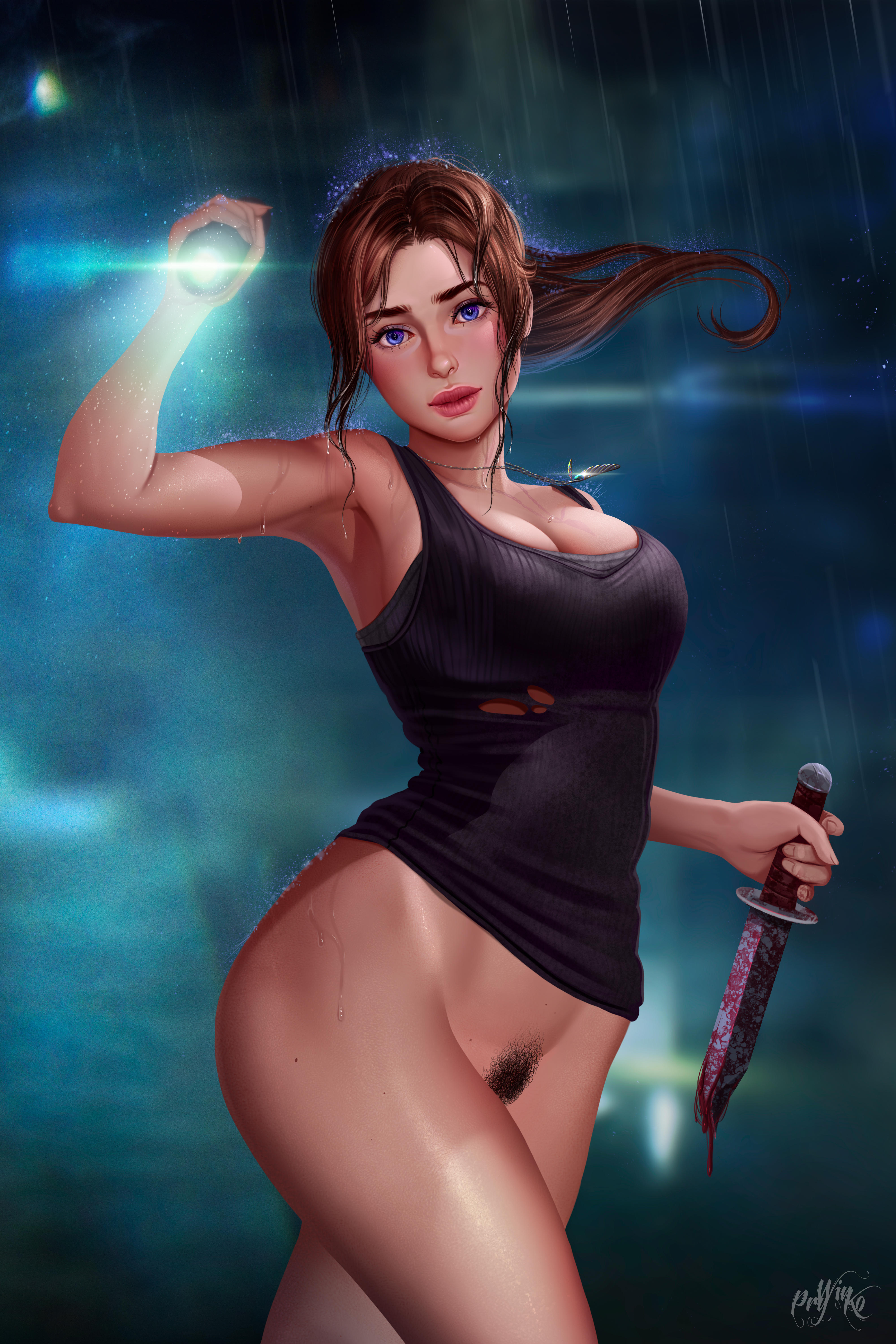 1girls, absurdres, bottomless, breasts, claire redfield, cleavage, deep armpits, female, female only, flashlight, highres, human, knife, looking at viewer, prywinko, pubic hair, resident evil, resident evil 2, solo, text, watermark, wide hips