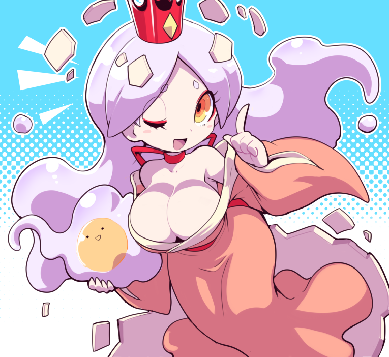 :d cleavage crown egg_yolk eggshell fully_clothed her_eggcelency huge_breasts kimono level-5 nollety ribbon_choker tagme white_hair white_skin yellow_eyes yo-kai_watch youkai_watch