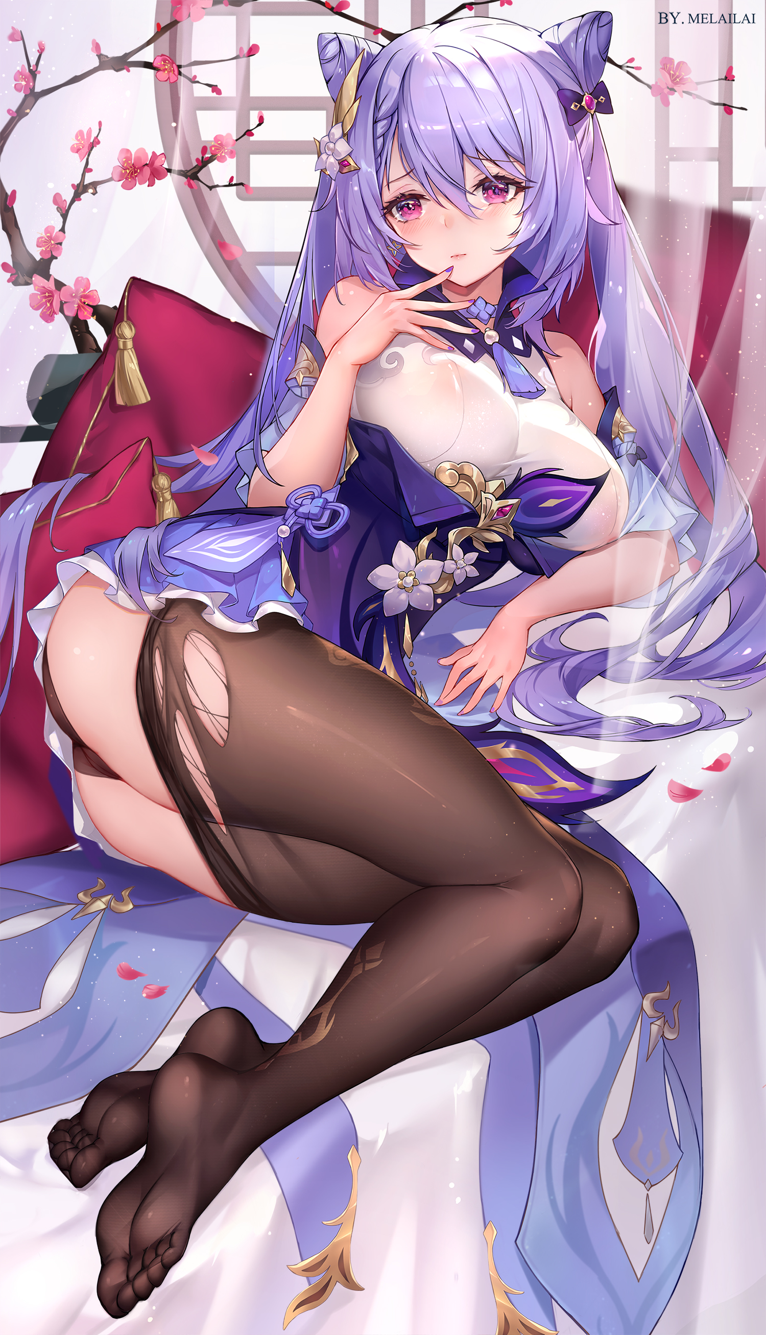 big breasts, black panties, breasts, female, genshin impact, keqing (genshin impact), pantyhose, purple hair, torn pantyhose, twintails, wet