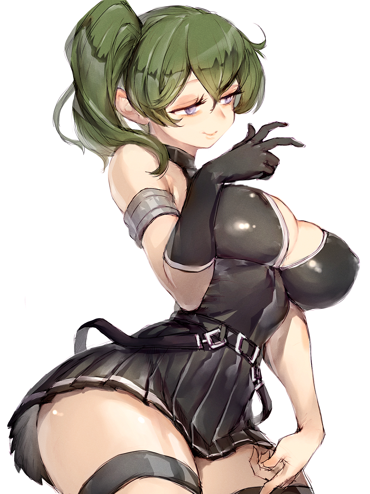 1girls, big breasts, black elbow gloves, black latex, black skirt, breasts, cleavage, elbow gloves, female, female only, fumio (rsqkr), gloves, green hair, hourglass figure, large breasts, latex, light skin, light-skinned female, purple eyes, side ponytail, skirt, solo, solo female, sousou no frieren, thighs, ubel (sousou no frieren), white background, wide hips