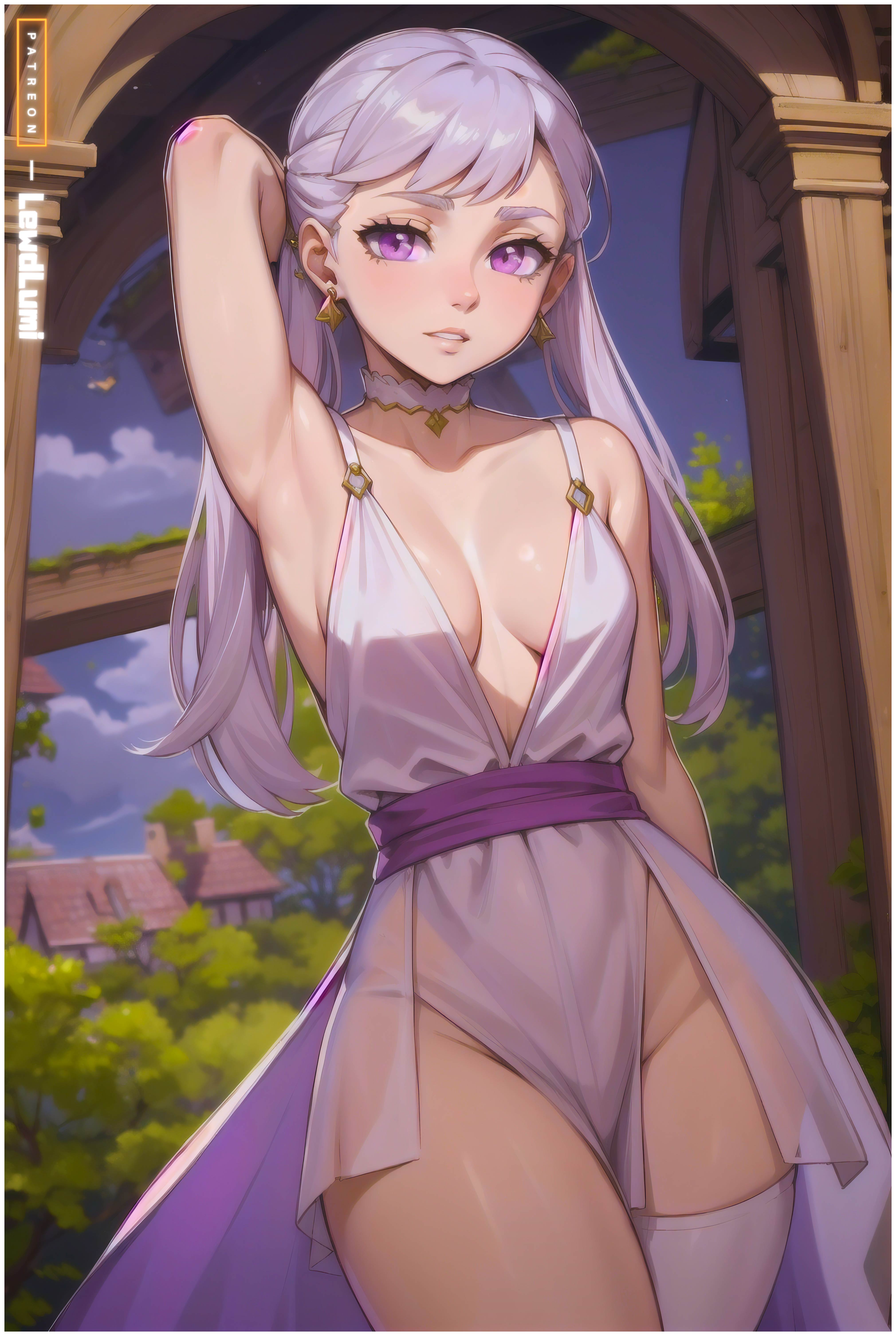 ai generated, armpits, arms up, bangs, black clover, cleavage, collar, detailed background, earrings, female, highres, lewdlumi, logo, looking at viewer, looking down, noelle silva, outline, pale skin, patreon, patreon logo, pov eye contact, purple eyes, solo, solo focus, stockings, thick, thick thighs, white hair