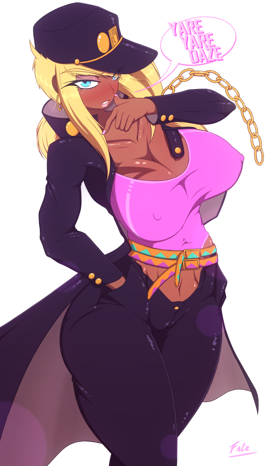 1girls big_breasts blonde_hair blue_eyes blush clothed clothing color dark-skinned_female dark_skin english_text fatelogic female female_focus female_only hat hi_res jojo's_bizarre_adventure jotaro_kujo_(cosplay) large_breasts leona_prahyad long_hair looking_at_viewer nipples_visible_through_clothing solo solo_female tagme text thick_thighs