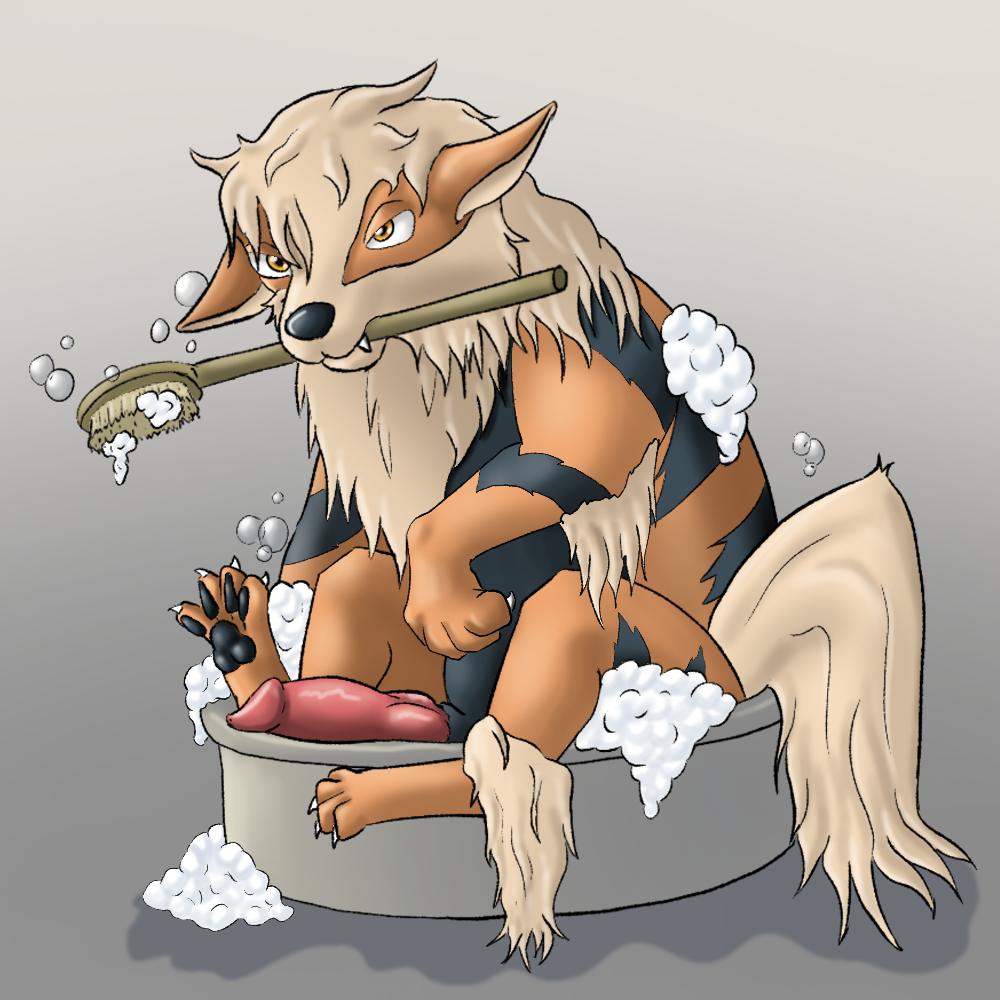 arcanine bathing bathtub brush canid canine canis domestic_dog erection feral genitals male male_only mammal nintendo penis pokemon soap_bubbles solo solo_focus solo_male suds tinyterrible