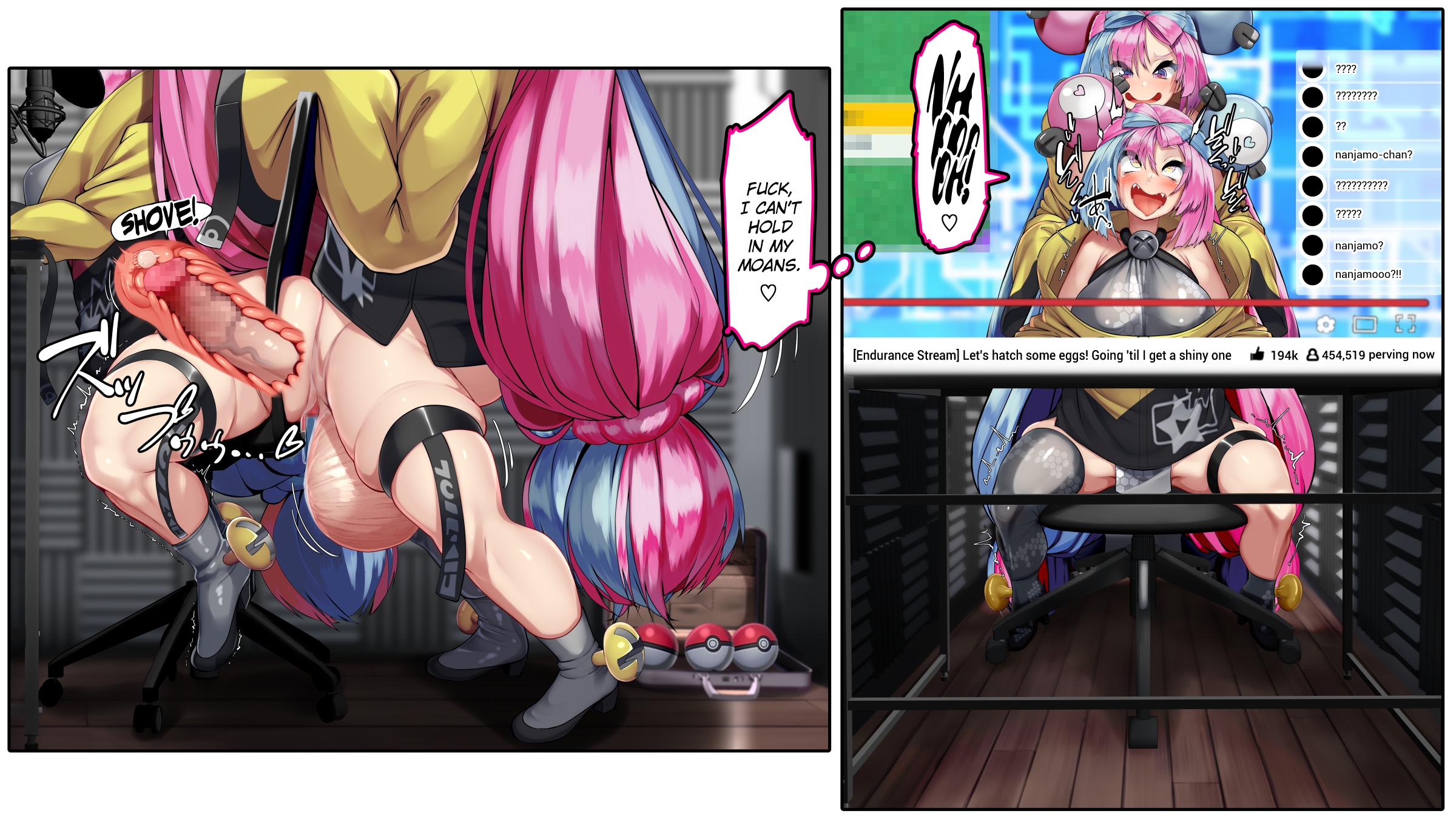 1futa, 1girls, ahe gao, balls, bent over, blue hair, breasts, dialogue, ditto, duo, english text, erection, female, futa on female, futanari, huge balls, huge cock, human, hyper breasts, intersex, iono (pokemon), kawahagitei, light skin, light-skinned female, light-skinned futa, livestream, mostly nude, nude, penis, pink hair, pokemon, pokemon (species), pokemon sv, public, public sex, pussy, sex, standing, stealth sex, stomach bulge, text, two-tone hair, vaginal penetration, x-ray