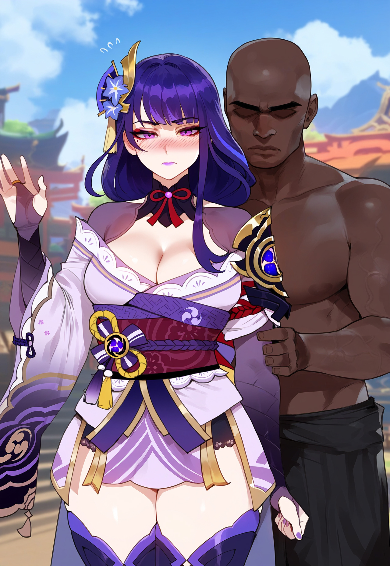 1boy, 1girls, ai generated, blush, dark skin, dark-skinned male, female, floox, genshin impact, lipstick, male, purple eyes, purple hair, purple lipstick, raiden shogun