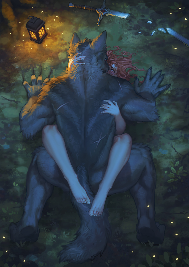 ambiguous_gender anthro anthro_on_human anthro_penetrating_human broken_sword canid canine defeated defeated_heroine duo eye_roll female female_on_anthro feral forest from_front_position grabbing_fur hair hand_on_head hands_on_back head_grab high-angle_view human human_on_anthro interspecies larger_male lying male male/female mammal missionary_position muscular muscular_male night nude on_back outside outside_sex plant public public_sex rear_view red_hair scar scratches sex size_difference starlyve tree were werecanid werecanine werewolf