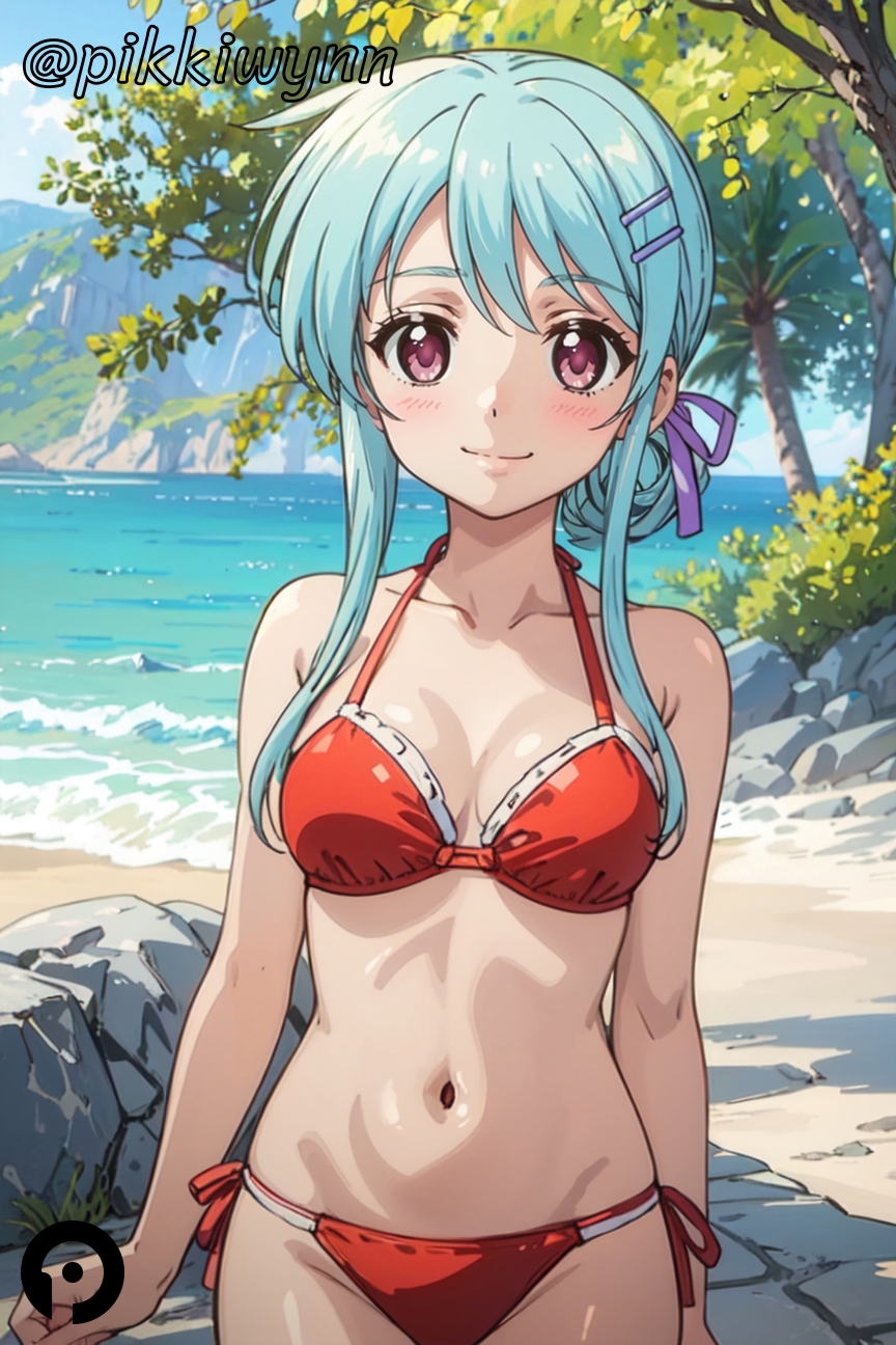 ai_generated beach bikini blue_hair blush breasts closed_mouth collarbone cowboy_shot day female hair_ornament hair_ribbon hairclip looking_at_viewer medium_breasts navel ocean outdoors pikkiwynn r-15 red_bikini ribbon rock side-tie_bikini_bottom sidelocks sky smile solo sonokoe_utae swimsuit tree