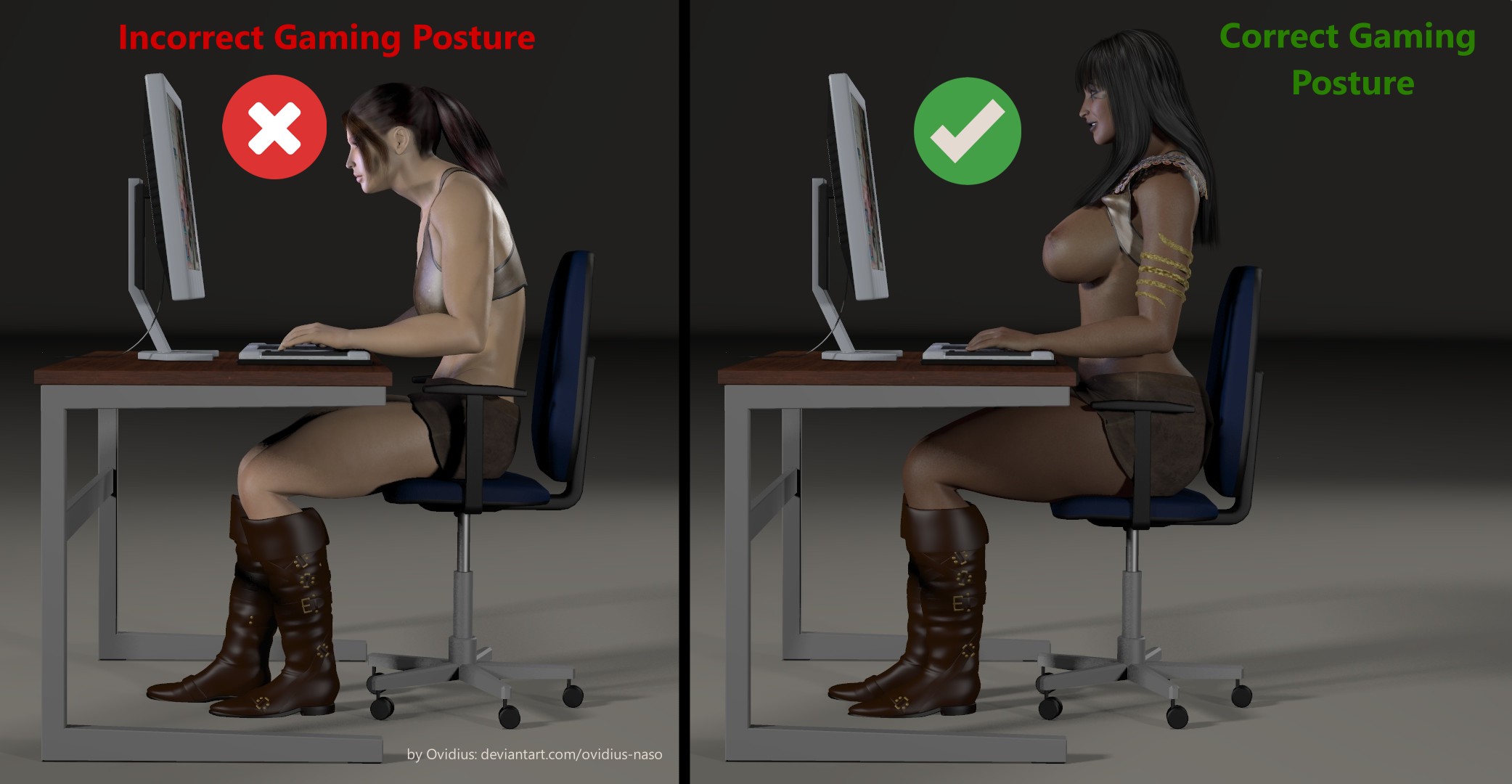3d, ass, body invasion, brainwashing, breasts, correct gaming posture (meme), dark skin, dark-skinned female, ebonization, female, lara croft, lara croft (classic), large ass, large breasts, muscular, muscular female, ovidius naso, possessed, possession, race swap, takeover, thick thighs, tomb raider, tomb raider (classic), transformation, wide hips