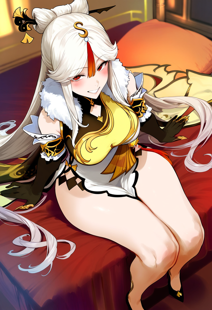 1girls, ai generated, clothed, female, genshin impact, looking at viewer, ningguang (genshin impact), red eyes, thick thighs, tomato cake, white hair