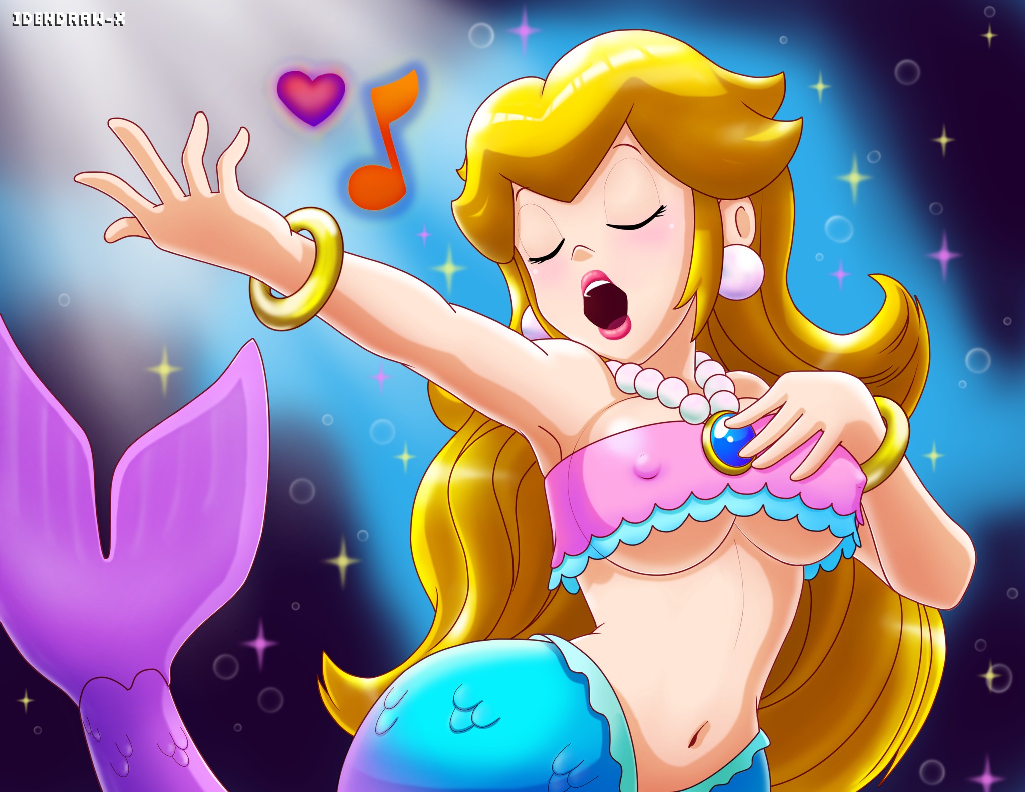 1girls, blonde hair, breasts, closed eyes, curvy, digital media (artwork), earrings, fanart, female, female only, idendrawx, light skin, light-skinned female, lips, lipstick, long hair, mario (series), merfolk, mermaid, mermaid peach, navel, nintendo, nipple bulge, open mouth, parody, pink lipstick, princess peach, princess peach: showtime!, singing, solo, thick, thick hips, underwater, wide hips
