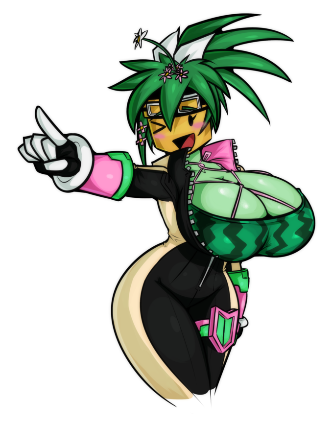 big breasts, blaster master, blaster master zero, blaster master zero 2, bodysuit, breasts, cleavage, color, female, flower, green hair, green skin, kanna (blaster master), large breasts, looking at viewer, mob face, plant girl, plantie, pointing, sexualyeti, solo, thick thighs, unzipped bodysuit, watermelon bra, watermelon nets, white background, wink