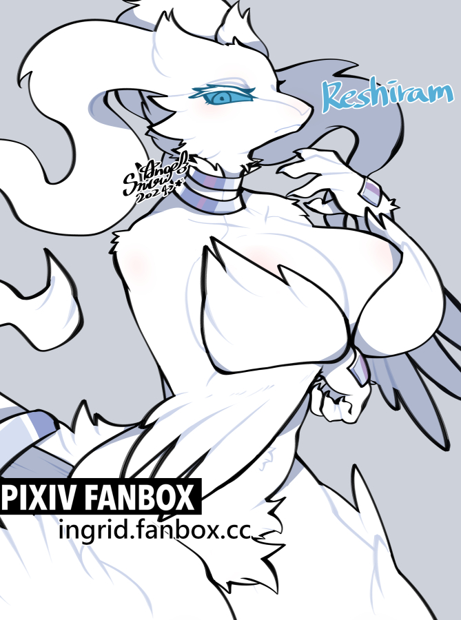 anthro blue_eyes blush breasts cleavage curvy dragon dragon_girl dragon_humanoid dragoness english_text female female_dragon female_focus female_only female_pokemon fluffy grey_background humanoid large_breasts legendary_pokémon looking_at_viewer milf nintendo pokémon_(species) pokemon pokemon_bw pokemon_only reshiram snow_angel_(artist) text thick_thighs white_body white_fur white_hair