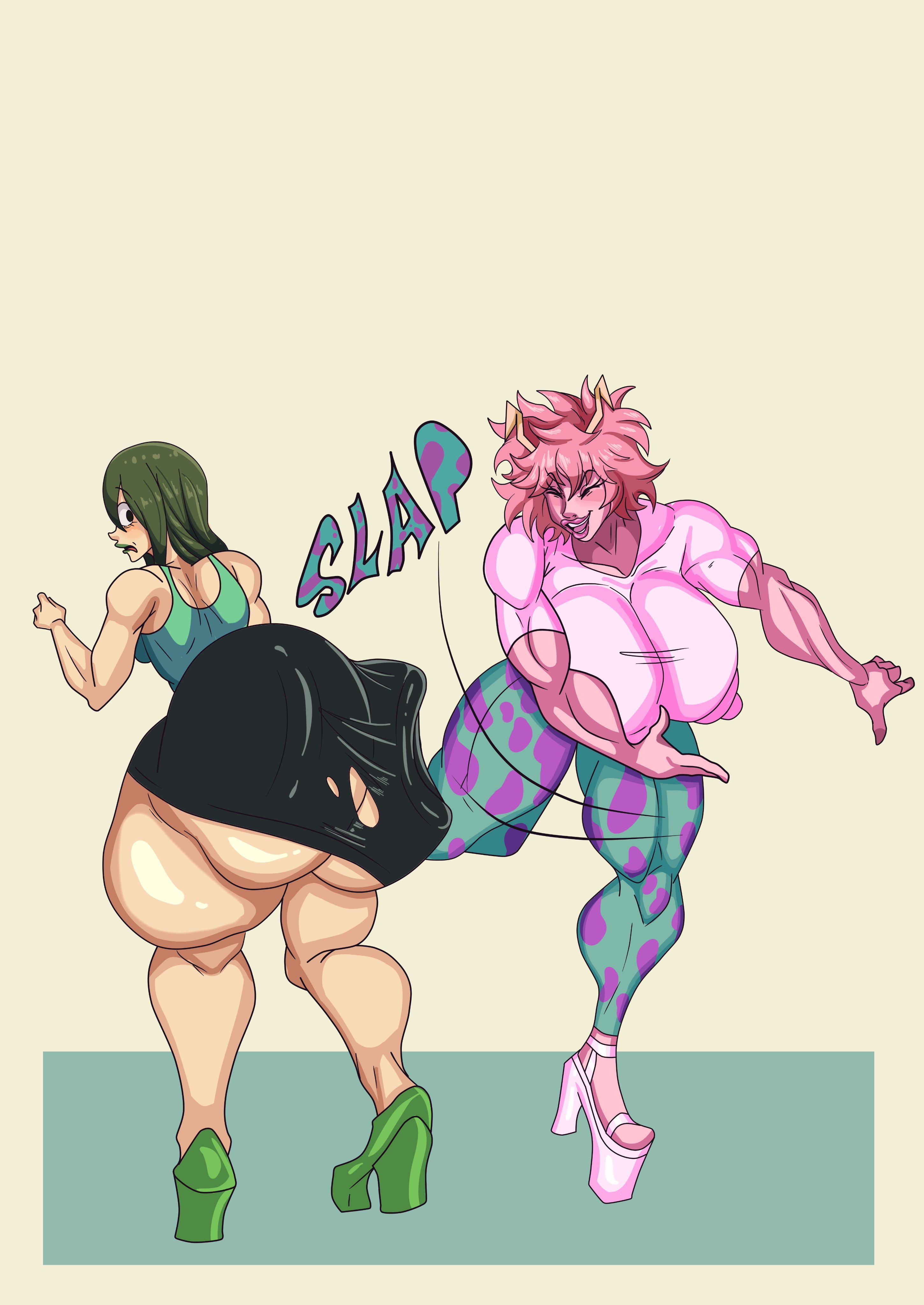 2024, 2girls, ass, ass slap, big ass, big breasts, bottom heavy, breasts, daysy, female, female only, high heels, huge ass, large ass, large breasts, long hair, mina ashido, my hero academia, no sex, nude, outside, platform heels, short hair, slap, slapping butt, small breasts, teenager, tsuyu asui