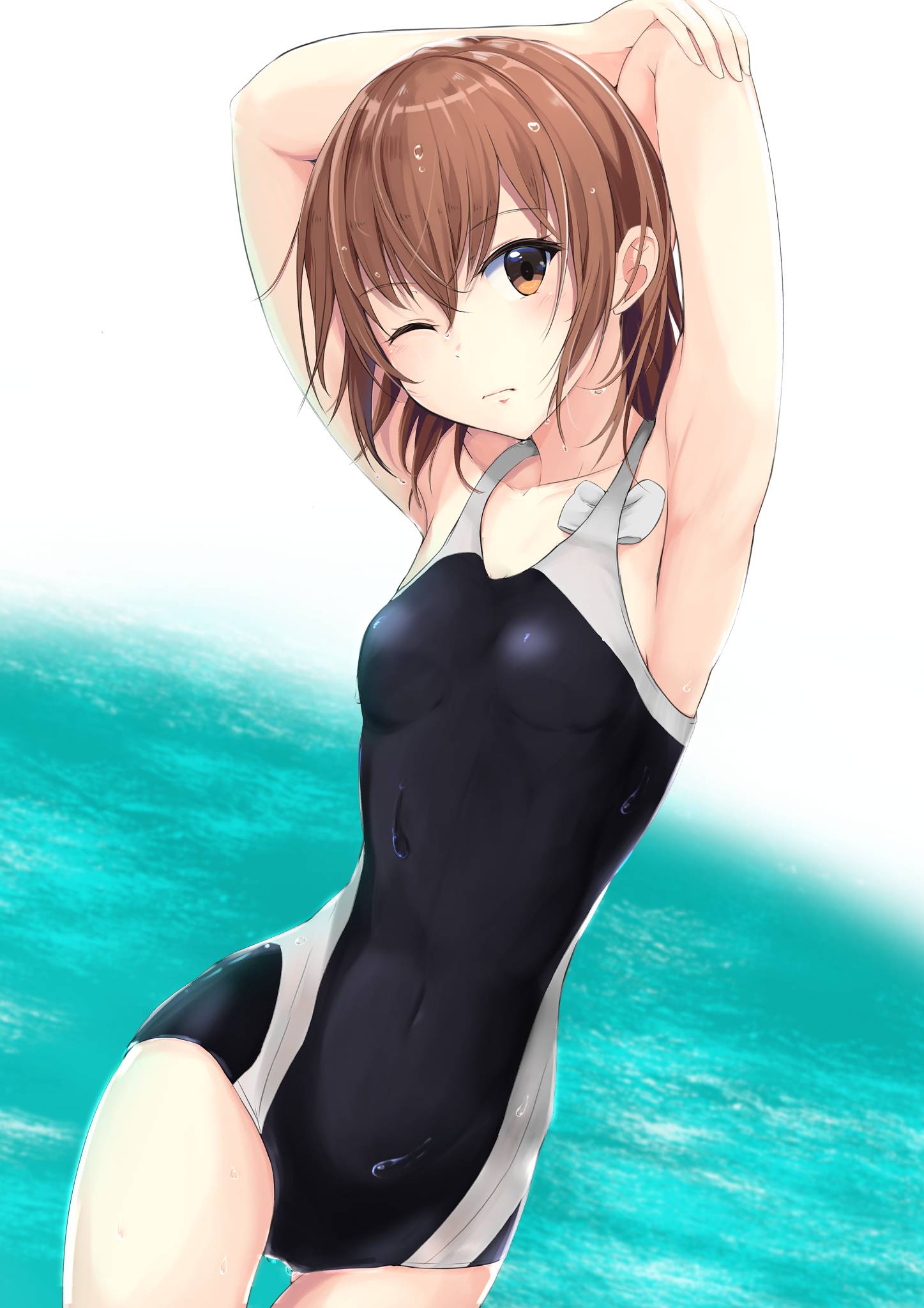 1girls, 2d, 2d (artwork), 2d artwork, arm behind head, armpit, armpit crease, armpit peek, armpits, arms behind head, bare armpits, bare arms, bare hands, bare legs, bare shoulders, bare skin, bare thighs, belly, belly button, bikini, black bikini, black one-piece swimsuit, black swimsuit, black swimwear, breasts, brown eyebrows, brown eyes, brown hair, brown-eyed female, brown-haired female, collarbone, curvaceous, curvaceous body, curvaceous female, curvaceous figure, curvaceous hips, curvaceous teen, curvaceous thighs, curvy, curvy body, curvy female, curvy figure, curvy hips, curvy teen, curvy thighs, digital, digital art, digital drawing, digital drawing (artwork), digital media, digital media (artwork), dripping wet, elbows, exposed armpits, exposed arms, exposed legs, exposed shoulders, exposed skin, exposed thighs, eye closed, eyebrows visible through hair, female, female focus, female only, fingers, groin, hair between eyes, hairless armpits, hand behind head, hand on arm, hand on own arm, hands behind head, head tilt, high resolution, high school student, highres, inframammary fold, k3rd, lean figure, looking at viewer, medium hair, midriff, misaka mikoto, narrow waist, navel, one eye closed, one eye open, one-eye closed, one-piece swimsuit, pear-shaped figure, petite, petite body, petite breasts, petite female, petite girl, petite tits, posing, school girl, shaved armpits, shoulders, simple background, slender body, slender waist, slim waist, small breasts, soaked, solo, standing, sukumizu, swimsuit, swimwear, teen girl, teenage girl, teenager, thigh gap, thighs, tilted head, to aru kagaku no mental out, to aru kagaku no railgun, to aru majutsu no index, upper body, wet, wet bikini, wet body, wet hair, wet legs, wet skin, wet swimsuit, wet thighs, white background, wide hips, young female, young woman