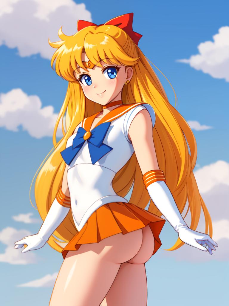 1girls ai_generated ass bare_ass bare_butt bishoujo_senshi_sailor_moon blonde_hair blue_eyes bow clothing cloud cloudy_sky female female_focus gloves long_hair looking_at_viewer minako_aino miniskirt ribbon sailor_collar sailor_senshi_uniform sailor_shirt sailor_venus shirt skirt sky small_breasts smile tiara younger_female