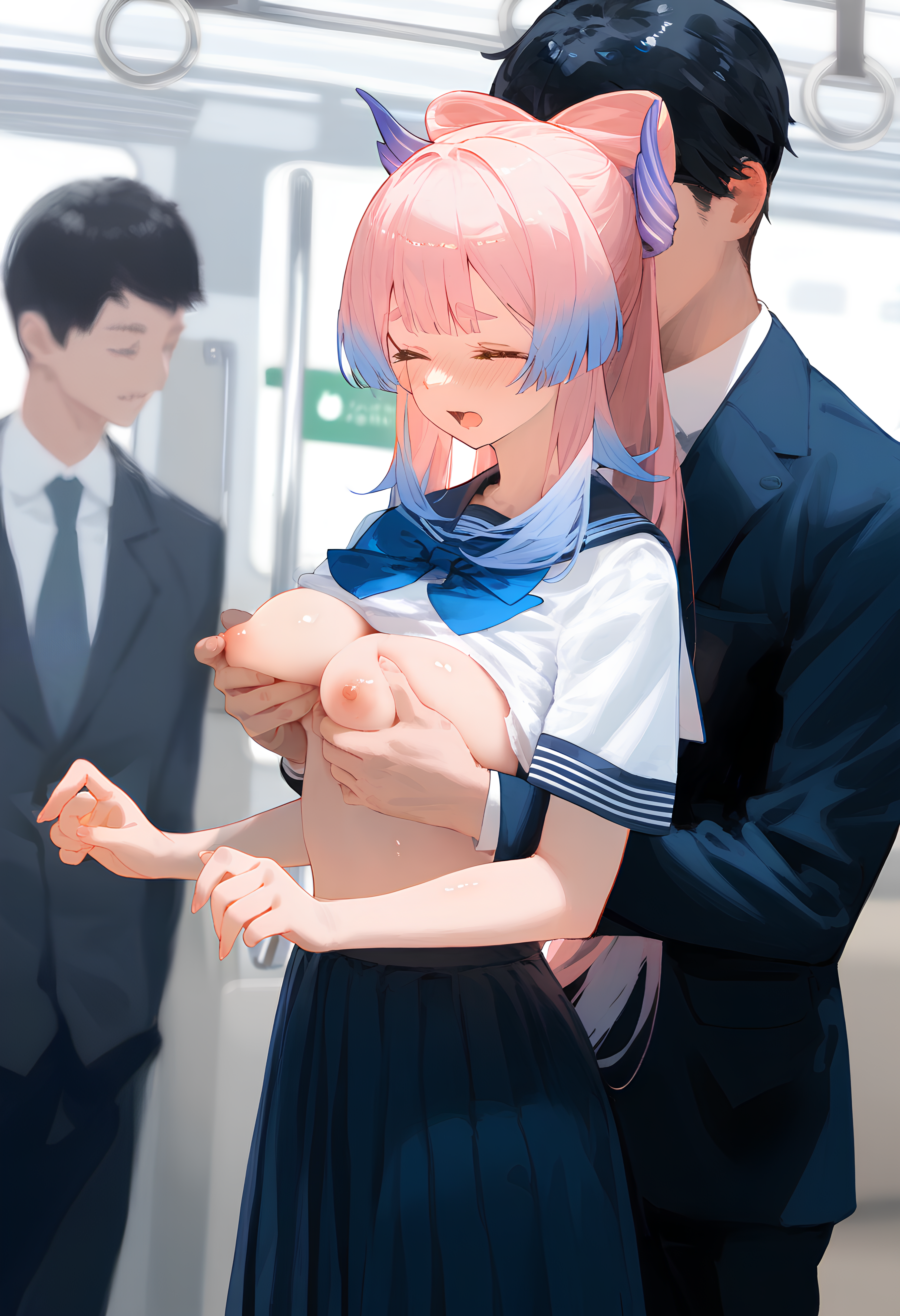 1girls, ai generated, breasts, breasts out, chikan, double breast grab, female, genshin impact, groping, molestation, nipples, pink hair, public, public transportation, rape, sangonomiya kokomi, school uniform, schoolgirl, stable diffusion, train, train interior