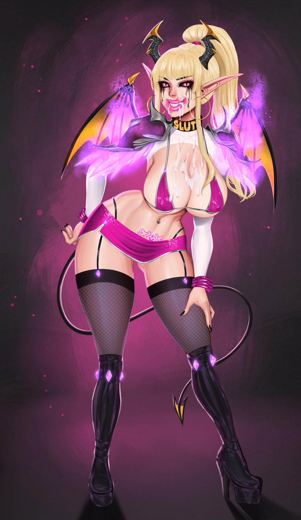 1girls, bimbo lips, black sclera, blonde hair, breasts, cum, cum on breasts, cum on face, demon, demon girl, demon horns, demon tail, female, female only, fishnets, full body, garter straps, heel boots, hi res, high heel boots, high heels, horns, lipstick smear, long hair, looking at viewer, my kinky queen, pink eyes, pink lipstick, ponytail, pubic tattoo, runny makeup, slit pupils, slut collar, smiling, smiling at viewer, solo, stockings, succubus, succubus tattoo, tail, teeth showing