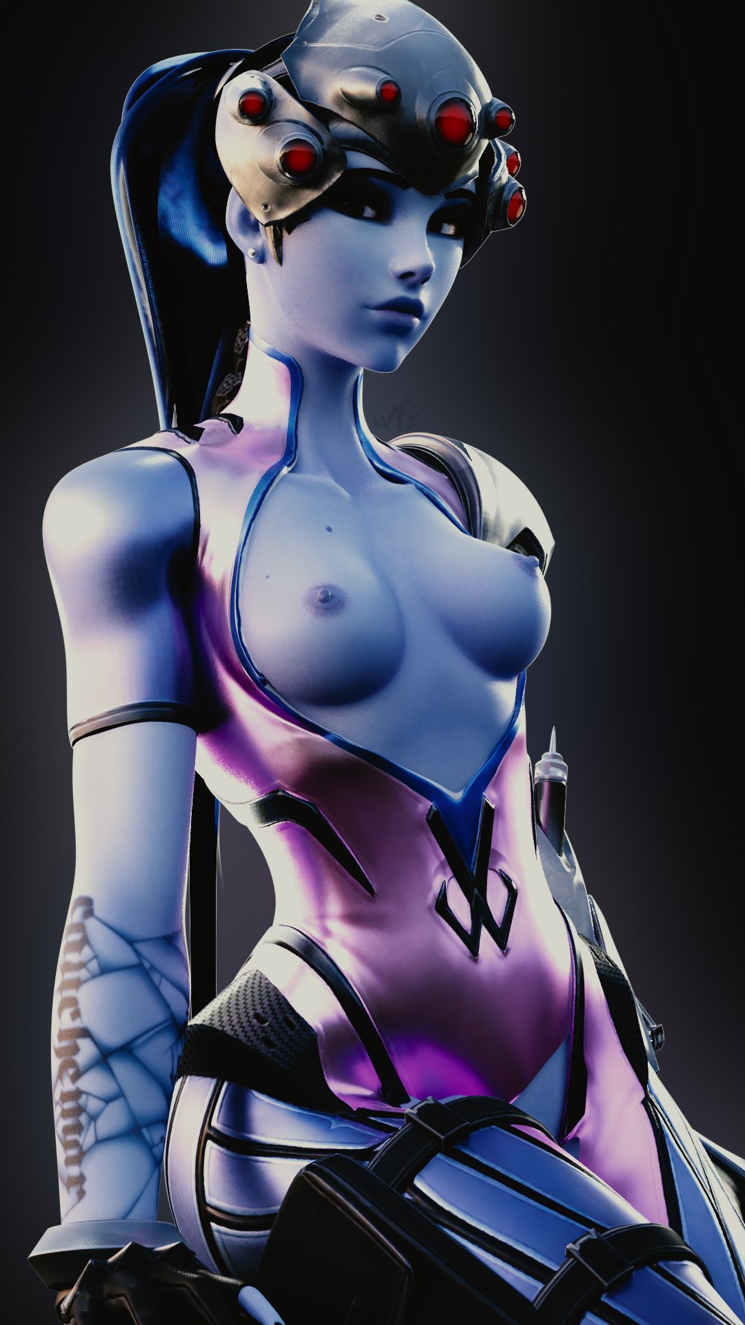 1girls, 3d, areolae, blender, breasts, cute, female, female only, front view, looking at viewer, nipples, overwatch, solo, solo female, standing, viewed from front, widowmaker, wunder