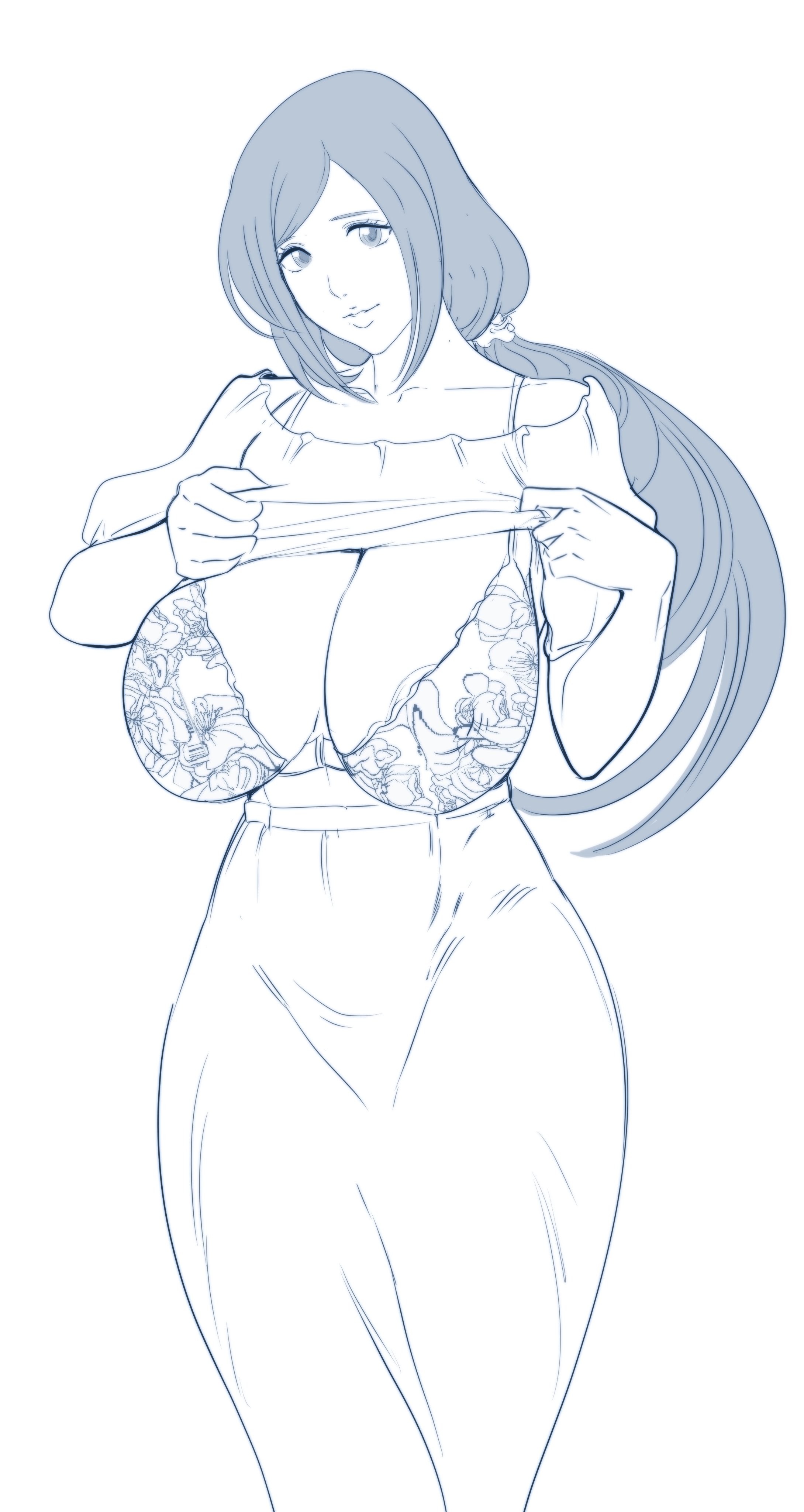 areola, areola slip, areolae, big breasts, bleach, bra, breasts, dress, female, huge breasts, inoue orihime, jnsdh, large breasts, mature female, nipple slip, shirt lift, sketch, white background