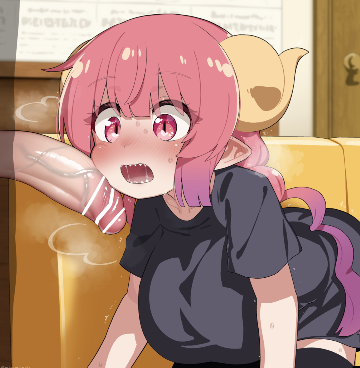 big breasts, blowjob, blush, breasts, censored, female, horns, ilulu (dragon maid), male, miss kobayashi's dragon maid, mizumizuni, penis, pink eyes, pink hair, pointy ears, sharp teeth, silhouette, sloppy, staring, surprised, sweat, veiny penis