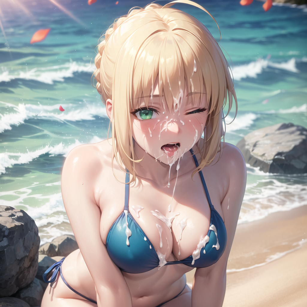 ai generated, artoria pendragon, bangs, beach, bikini, blonde hair, blue eyes, breasts, completely nude, embarrassed, fate (series), female, nude, nude female, saber, shy, smooth skin, stable diffusion, thighs, tight clothing