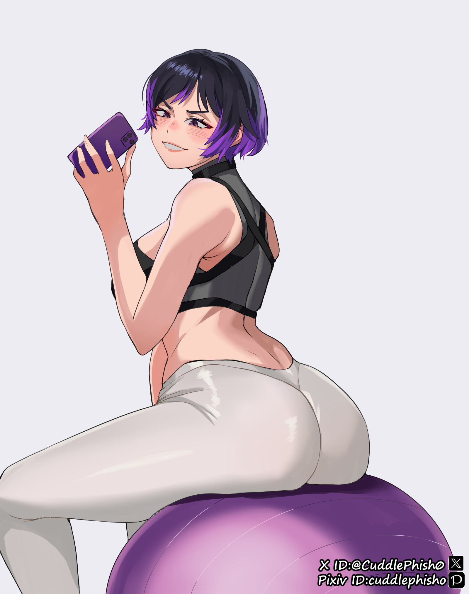 1girls, 2024, 2d, 2d (artwork), artist name, ass, ass focus, big ass, big breasts, big butt, breasts, butt focus, cuddlephish0, curvy, exercise, exercise ball, female, female only, fully clothed, human, human only, light skin, light-skinned female, multicolored hair, paag, phone, plump, questionable, reina mishima, samsung, selfie, short hair, sideboob, simple background, smile, solo, solo female, tekken, tekken 8, tomboy, voluptuous, white background, yoga ball, yoga pants