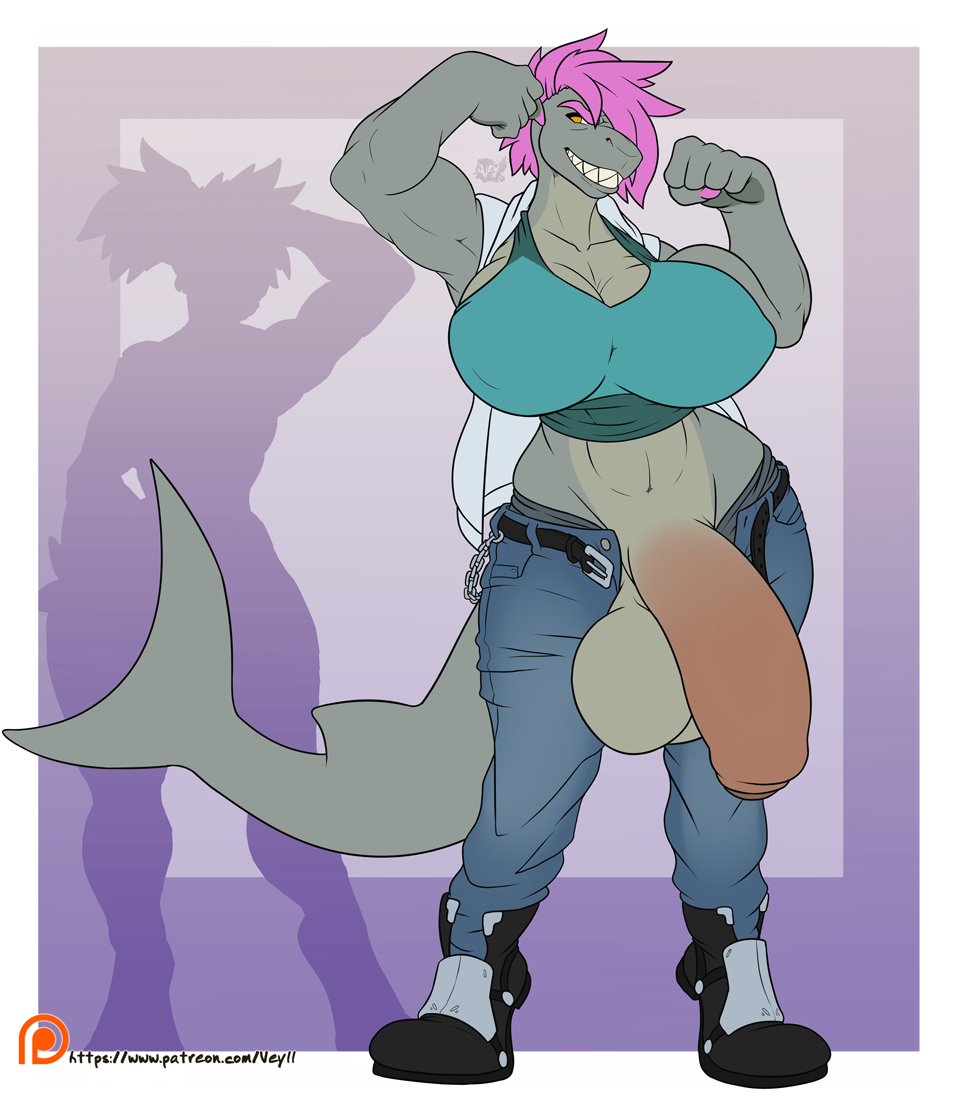 1futa anthro balls big_breasts border breasts clothed clothing colored_nails dickgirl fish flaccid flexing footwear futa_only futanari hair humanoid_penis intersex jeans marine muscular muscular_dickgirl muscular_intersex non-mammal_breasts pants patreon penis pink_hair shark sharp_teeth shirt short_hair smile solo solo_futa tank_top teeth uncut url veyll vishka white_border