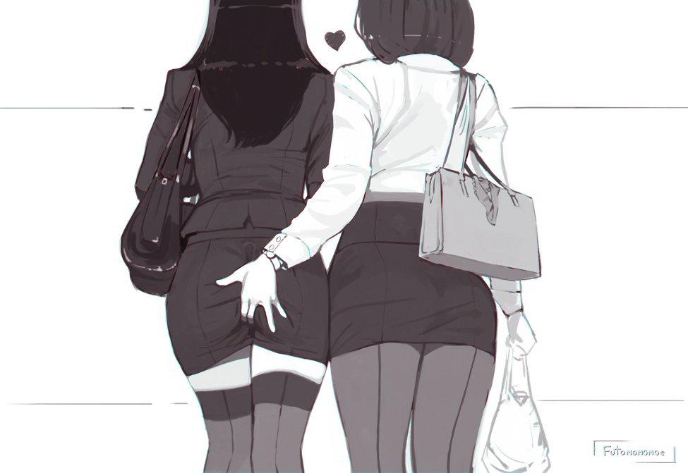 2girls ass ass_focus ass_grab black_and_white duo female female_only fingering fingering_through_clothes futomomomoe office_lady pantyhose pencil_skirt stealth_ass_grab thighhighs yuri